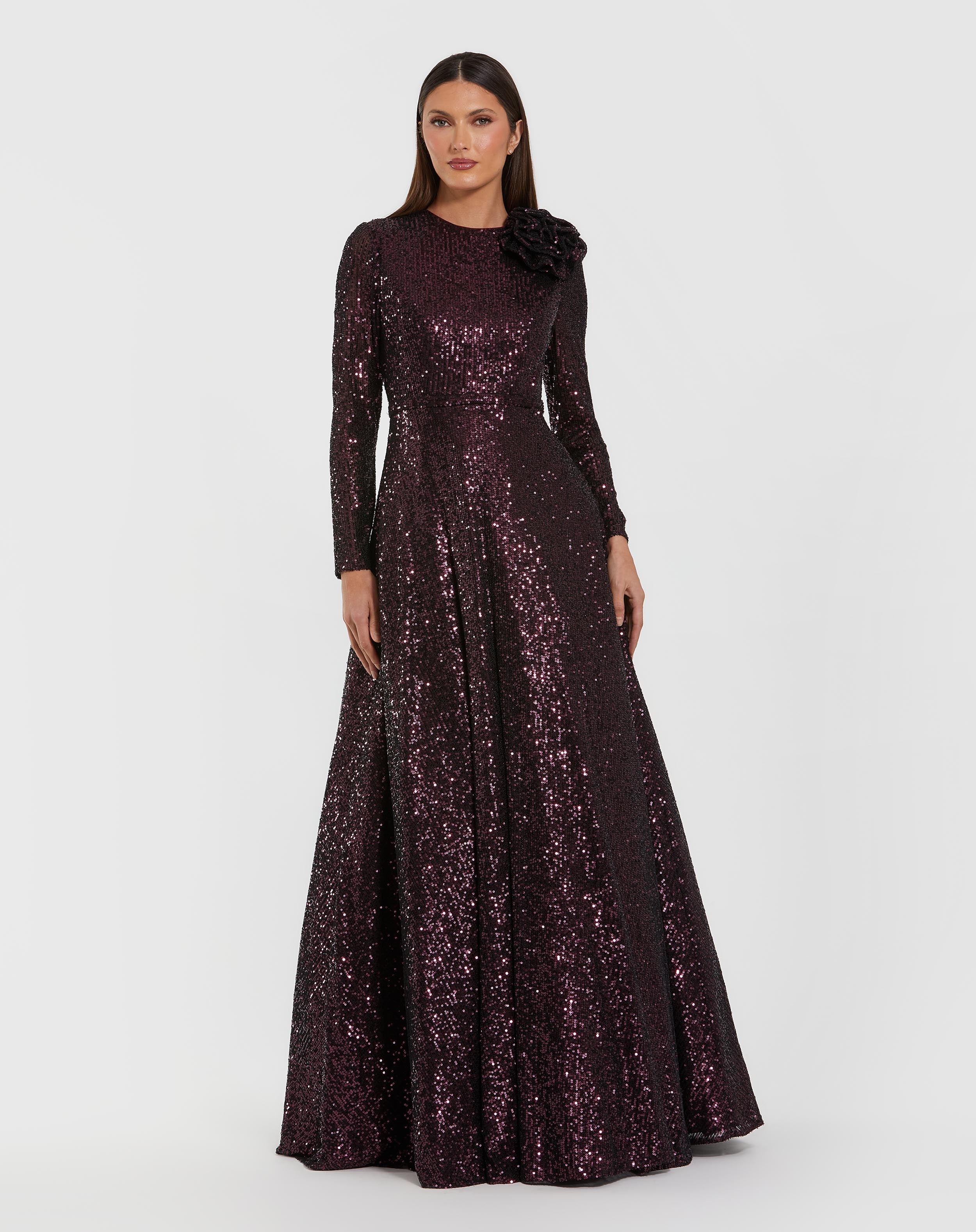 mac duggal long sleeve sequin dress Mac Duggal Women's Long Sleeve Sequin Ballgown With 3D Flower - Purple - Size 6