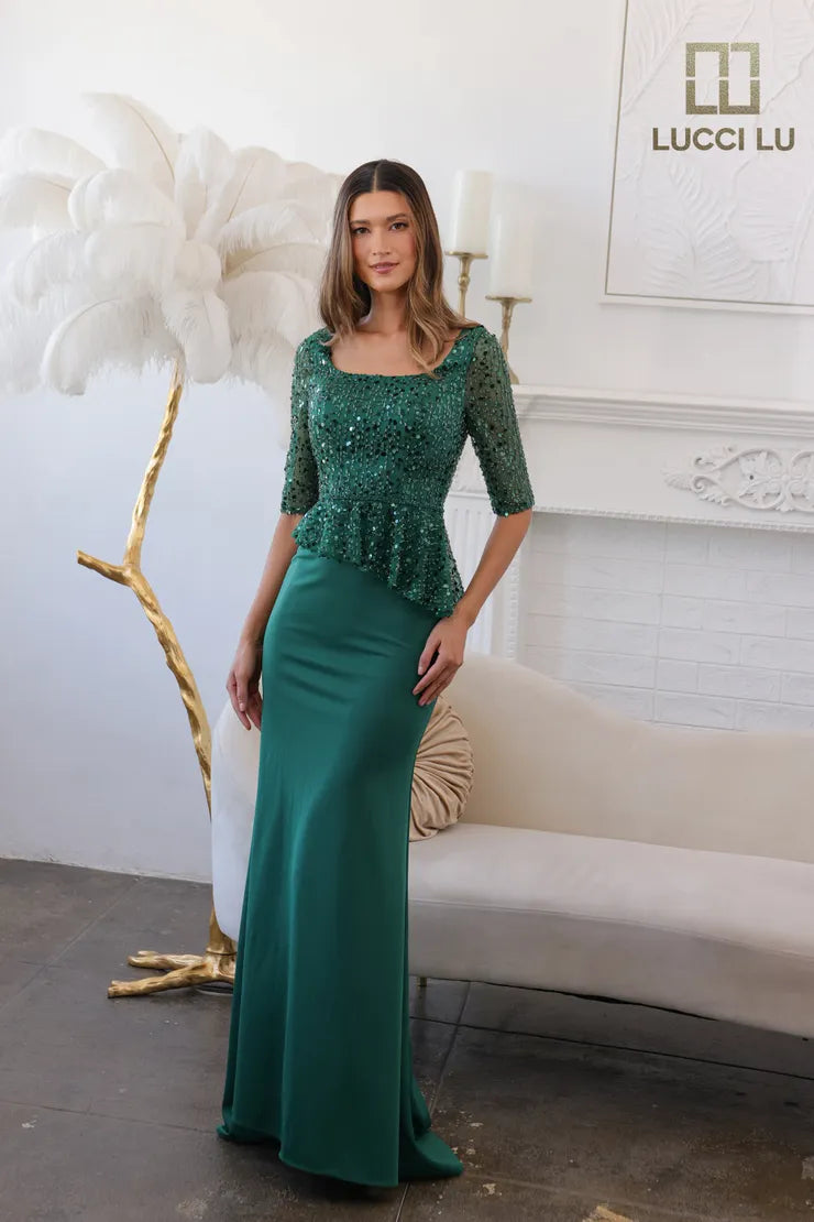 Lucci Lu 6051 Asymmetrical Beaded Peplum Dress Forest Green / 14
