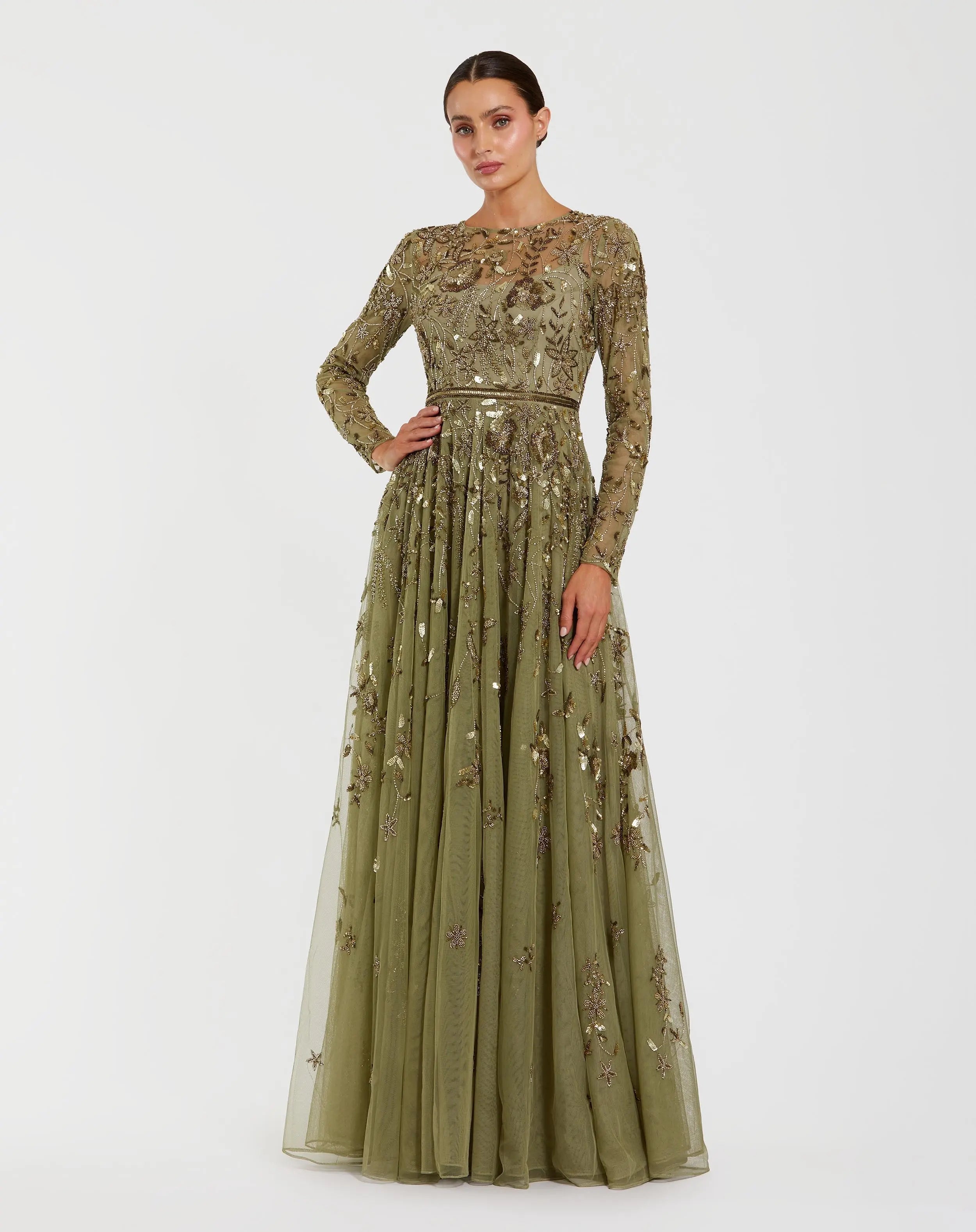 mac duggal green dress long sleeve Mac Duggal - Green Long Sleeve Hand Embellished Floral A-line Gown