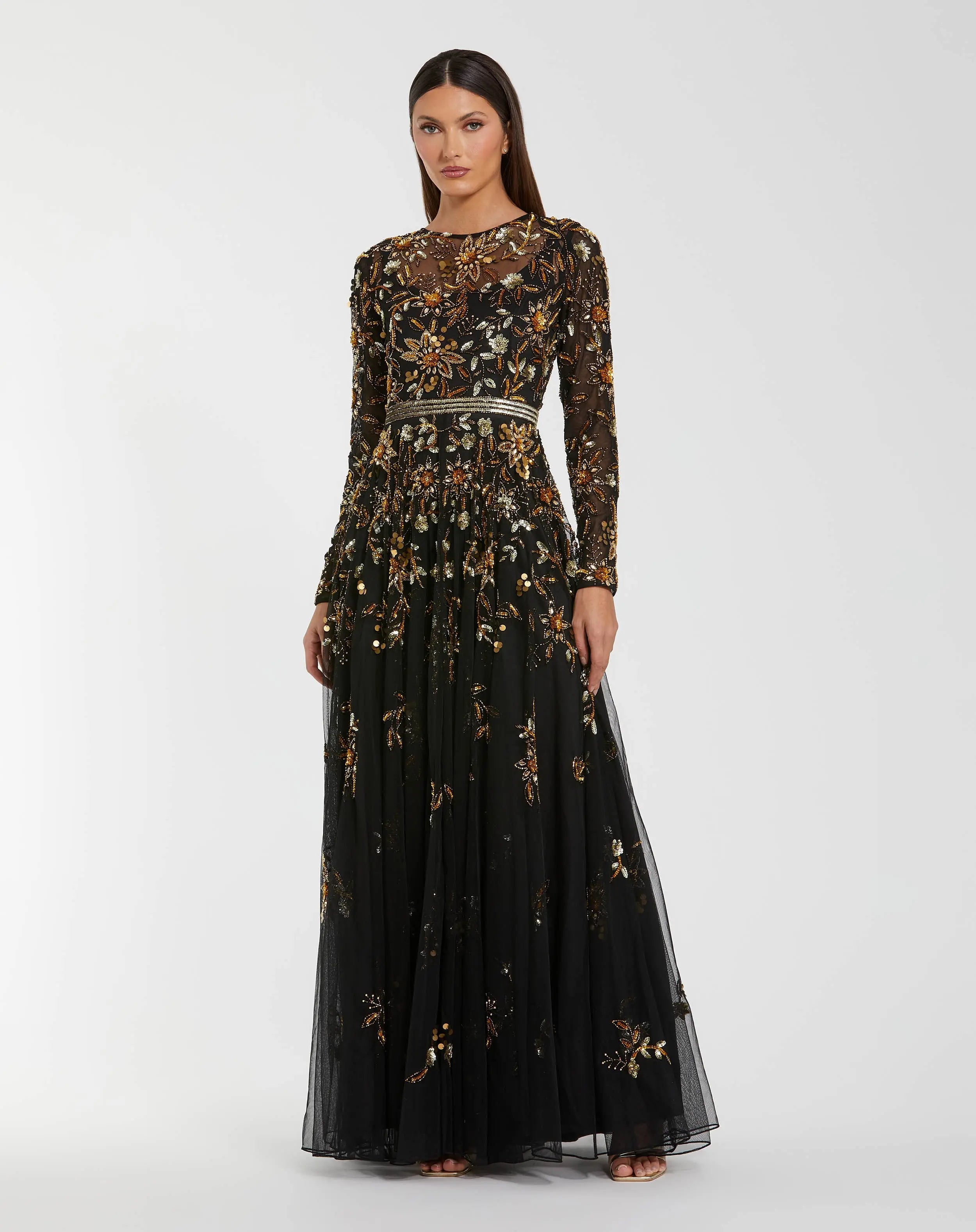 Mac Duggal - Black Hand Embellished Long Sleeve A Line Gown - Black Gold / US 16 Mac Duggal - Black Hand Embellished Long Sleeve A Line Gown - Black Gold / US 16
