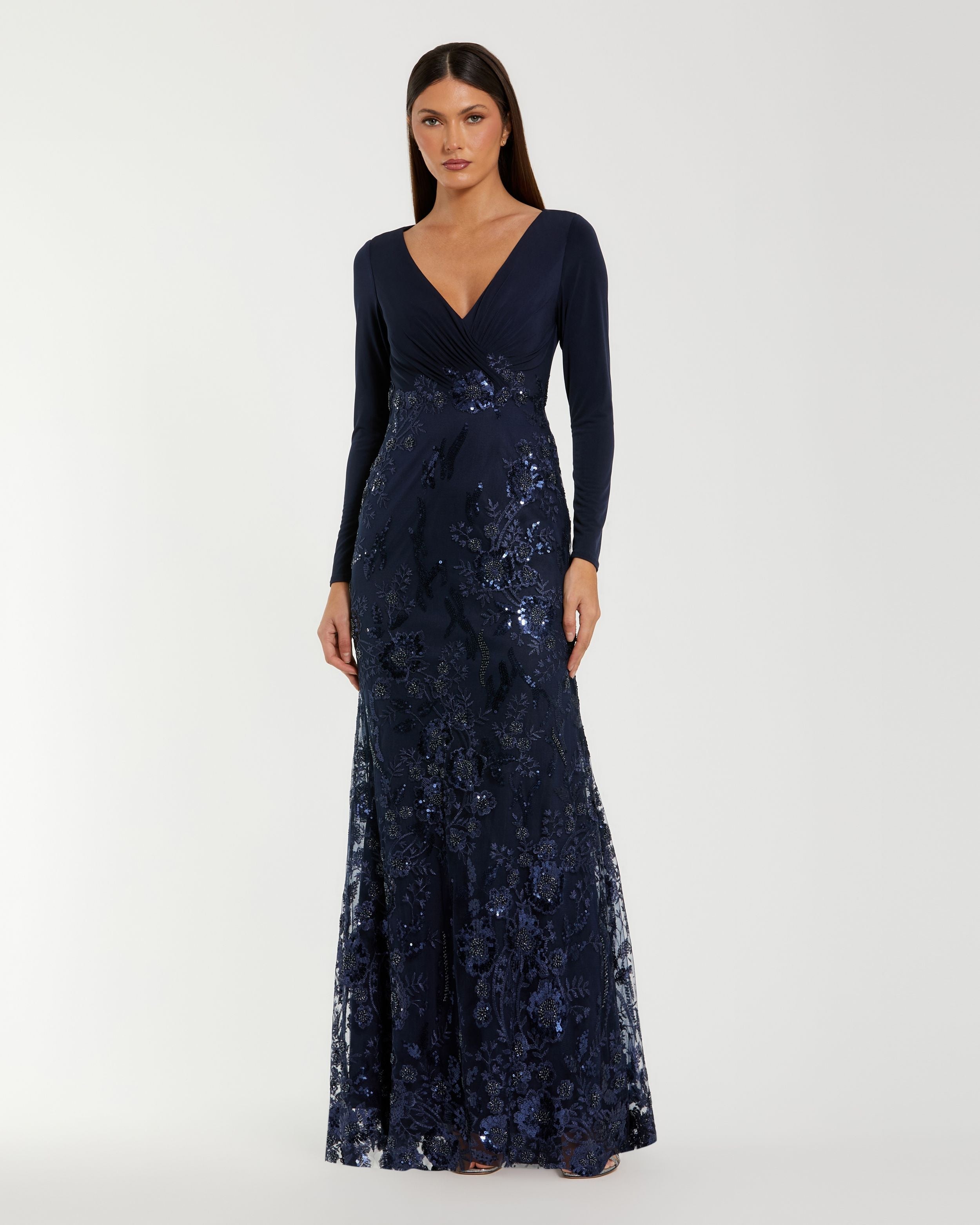 Embellished Long Sleeve Wrap Over Trumpet Gown