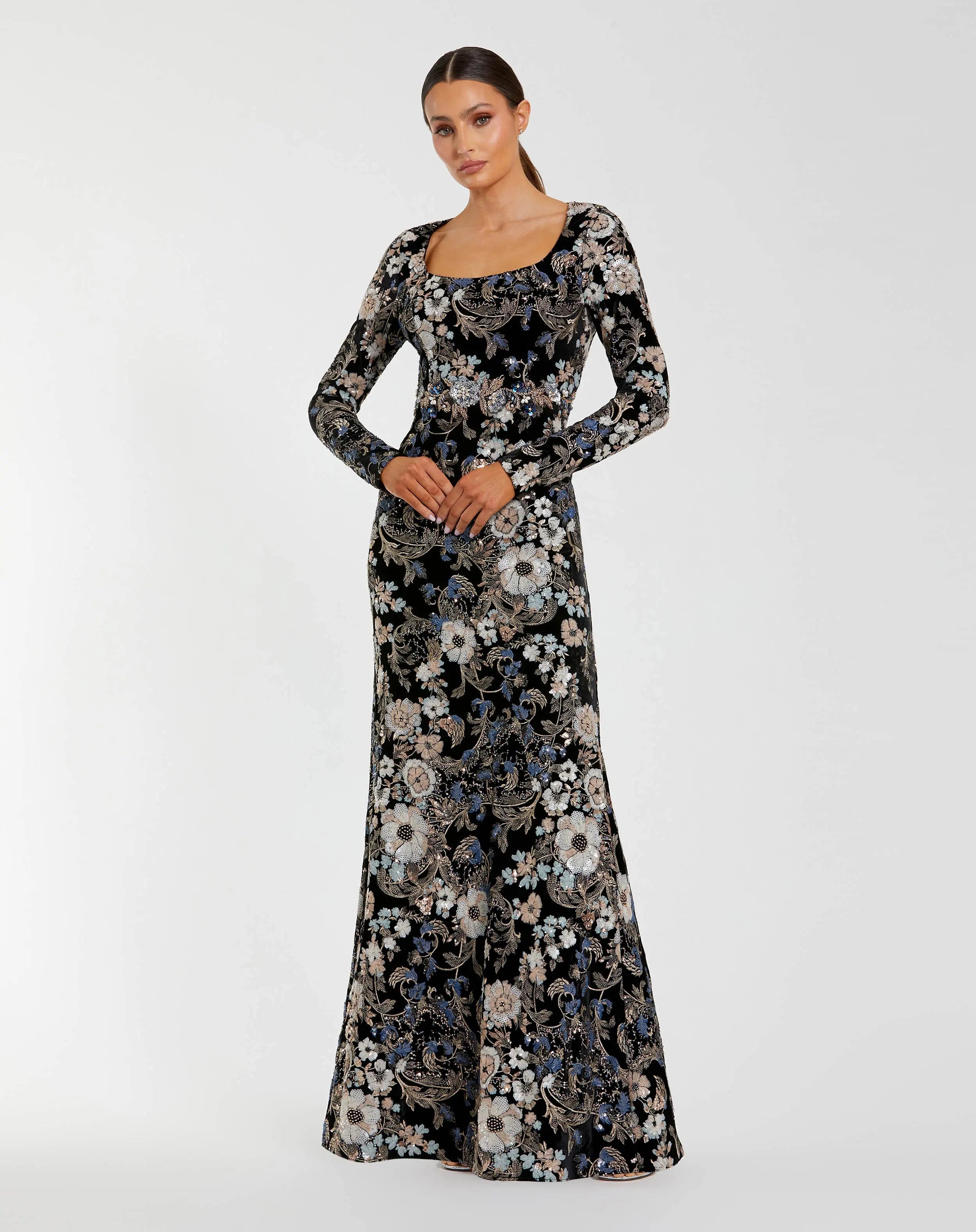 Mac Duggal Women's Embroidered Velvet Long-Sleeve Gown - Black Multi