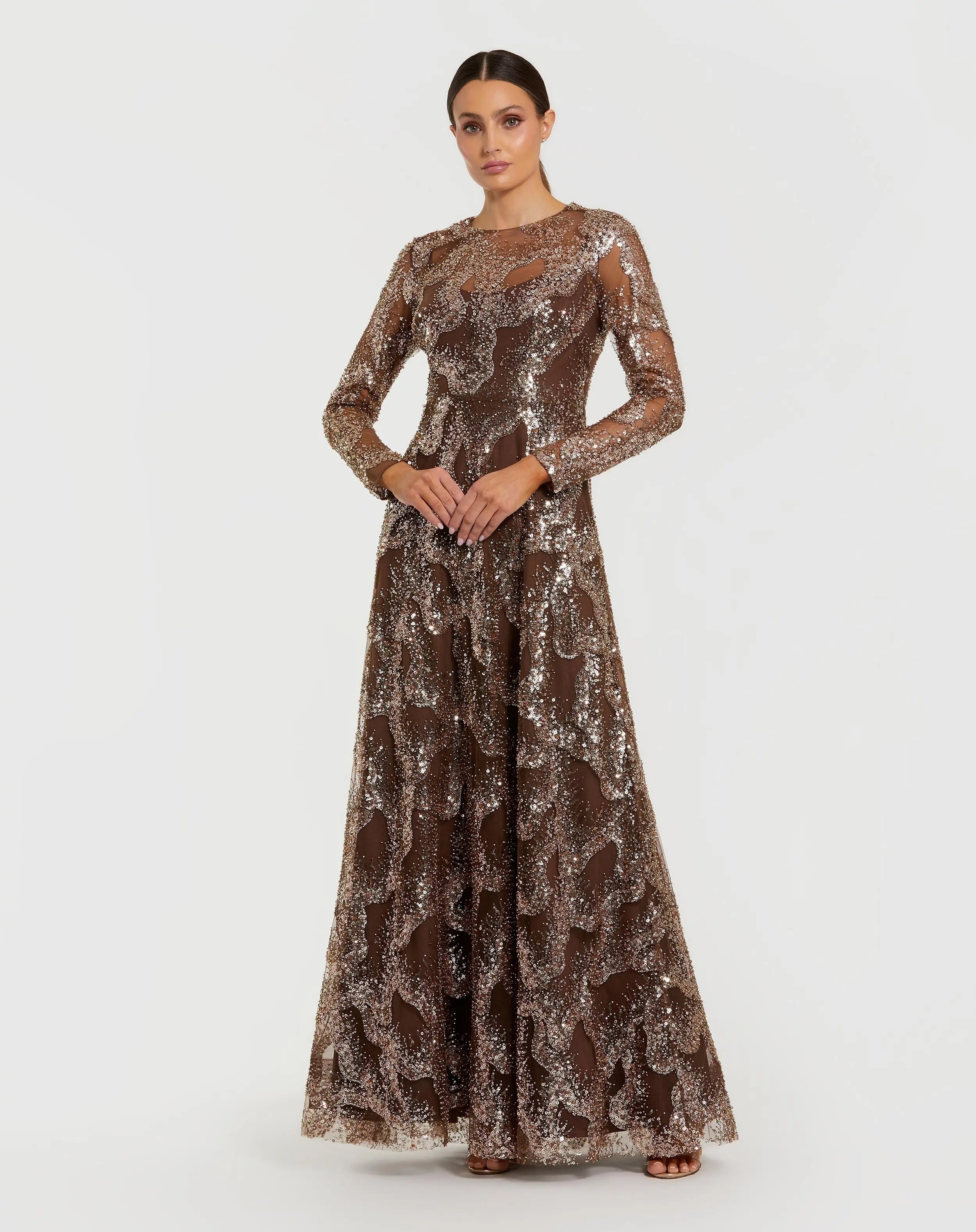 Mac Duggal Embellished Mesh Long Sleeve Gown