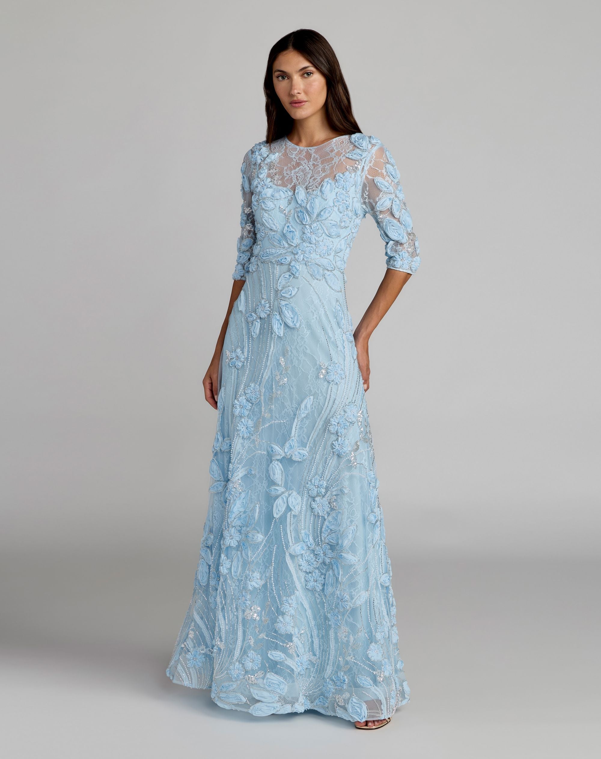 periwinkle lace dress Mac Duggal - Blue High Neck Embellished Gown with 3/4 Sleeves Polyester Designed in Australia Color:red kimono beach Lace-Up Long Prom Dress extended:285188