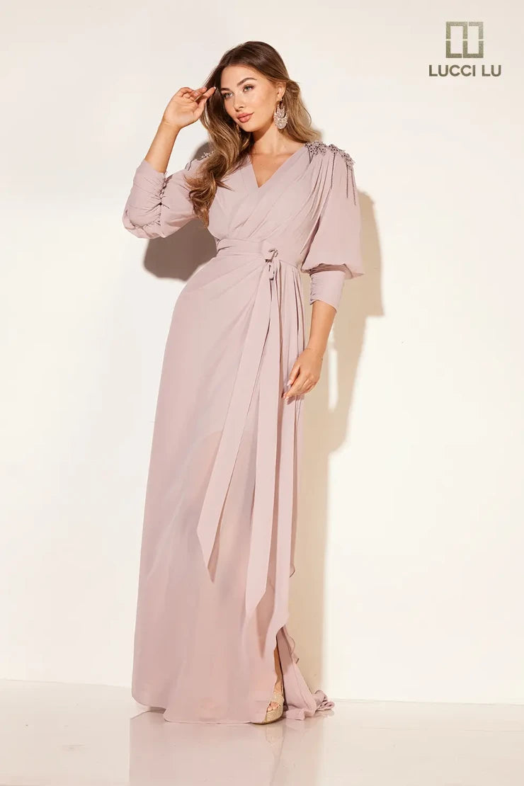 Lucci Lu C8092 Beaded Long-Sleeve Mother of the Bride Dress MAUVE / 16