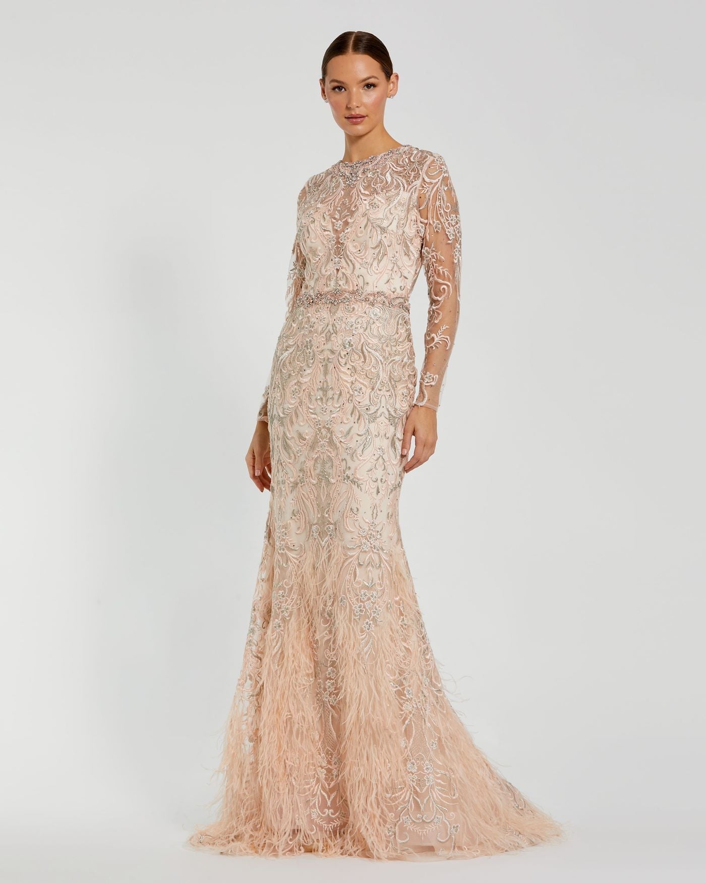 Mac Duggal 79267 Embroidered Long Sleeve Dress With Feather Hem | FOSTANI Mac Duggal 79267 Embroidered Long Sleeve Dress With Feather Hem | FOSTANI