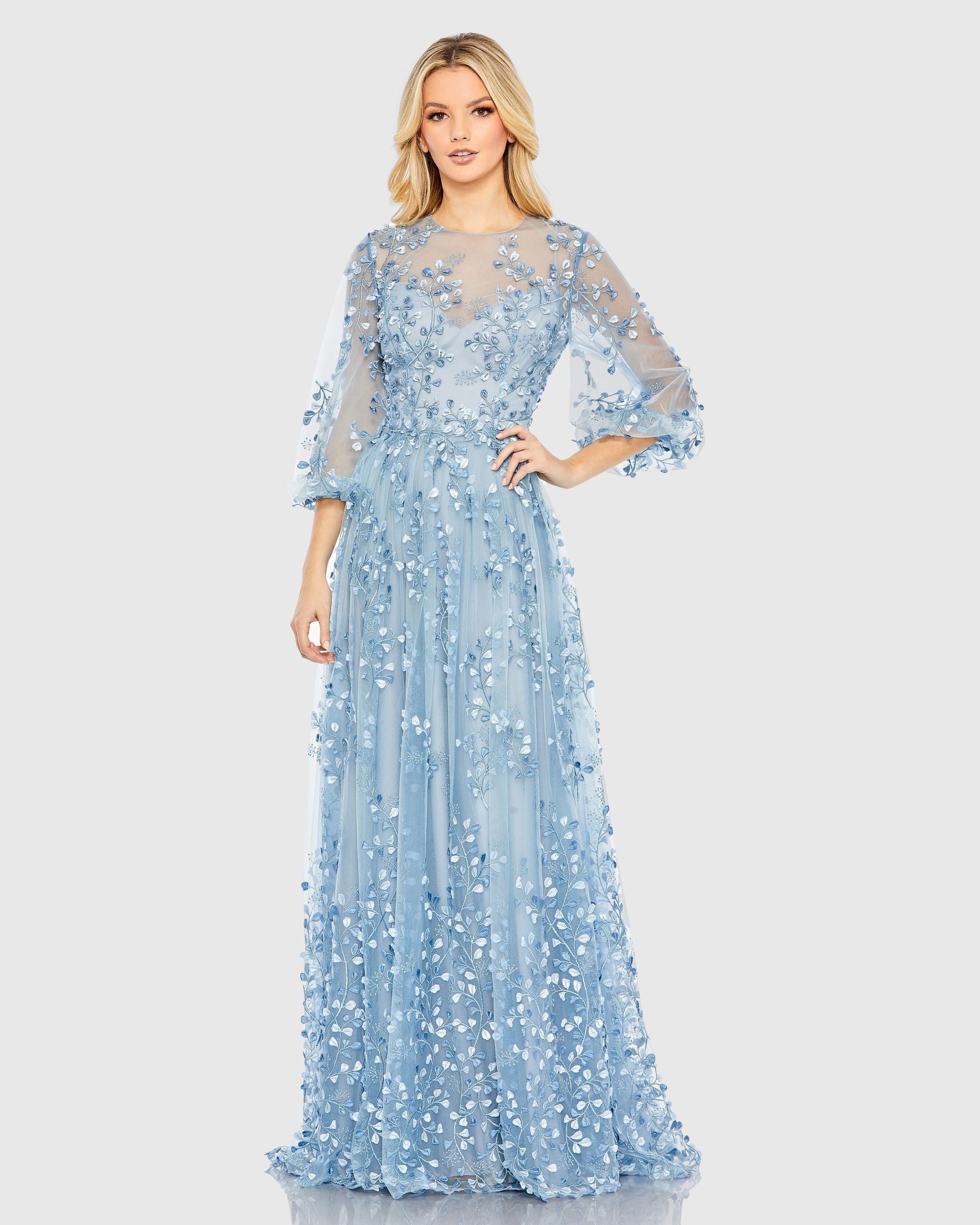 Mac Duggal - Blue Embroidered Puff Sleeve A-Line Gown