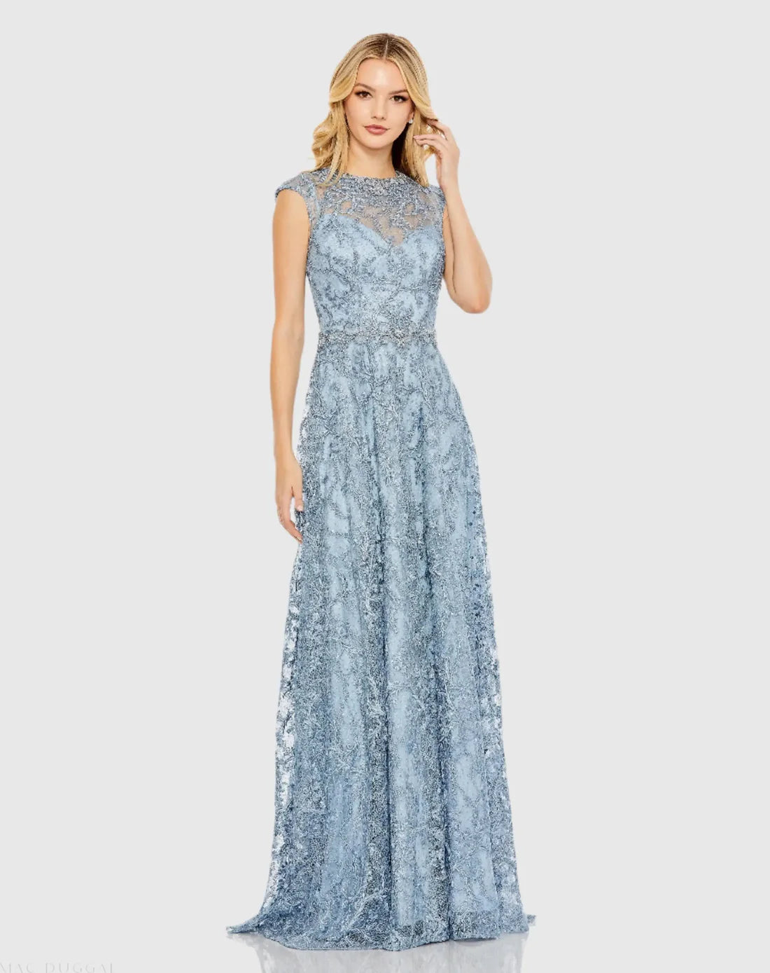 mac duggal blue embroidered dress Blue Embroidered Puff Sleeve A-Line Gown