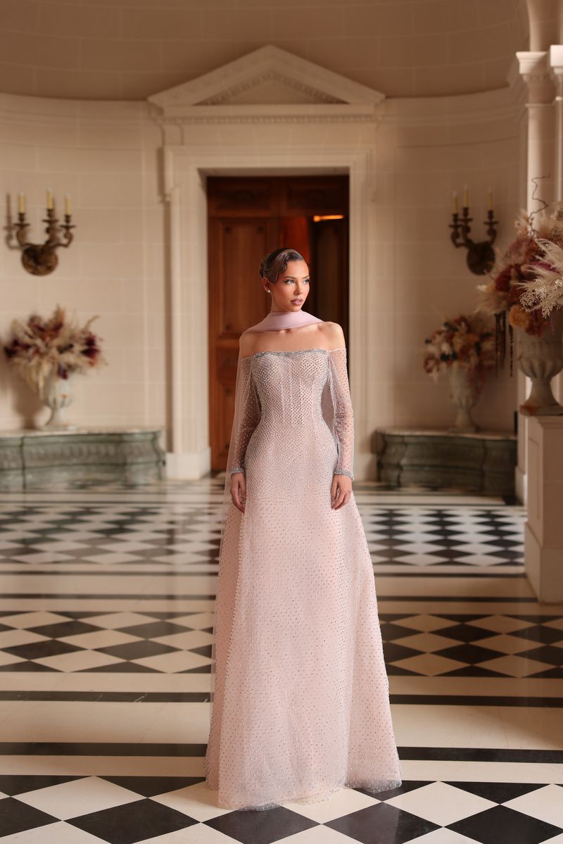 Chic & Holland HF110613 Off Shoulder Long Sleeves Beaded Corset Bodice A Line Matching Scarf Couture Dress BABY PINK / 12