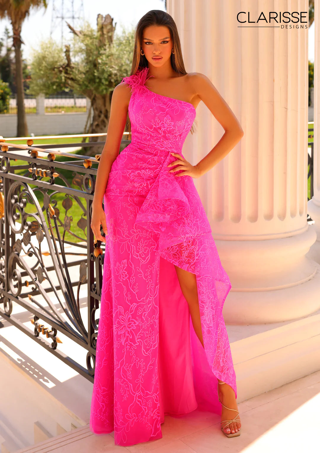 Sheath One-Shoulder Slit Glitter Blend Gown 810929 by Clarisse 4 / Fuchsia