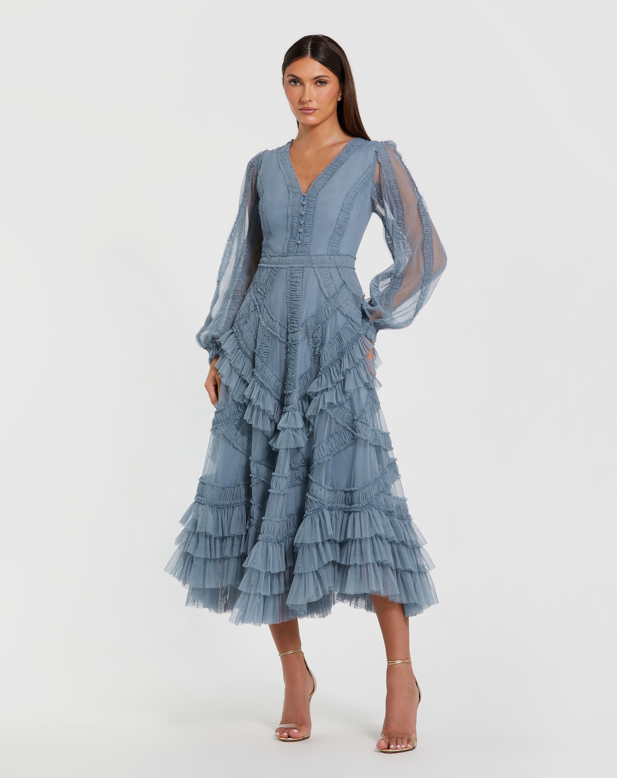 mac duggal ruffle midi dress Mac Duggal - Blue Long Sleeve V-Neck Micro Ruffle Midi Dress