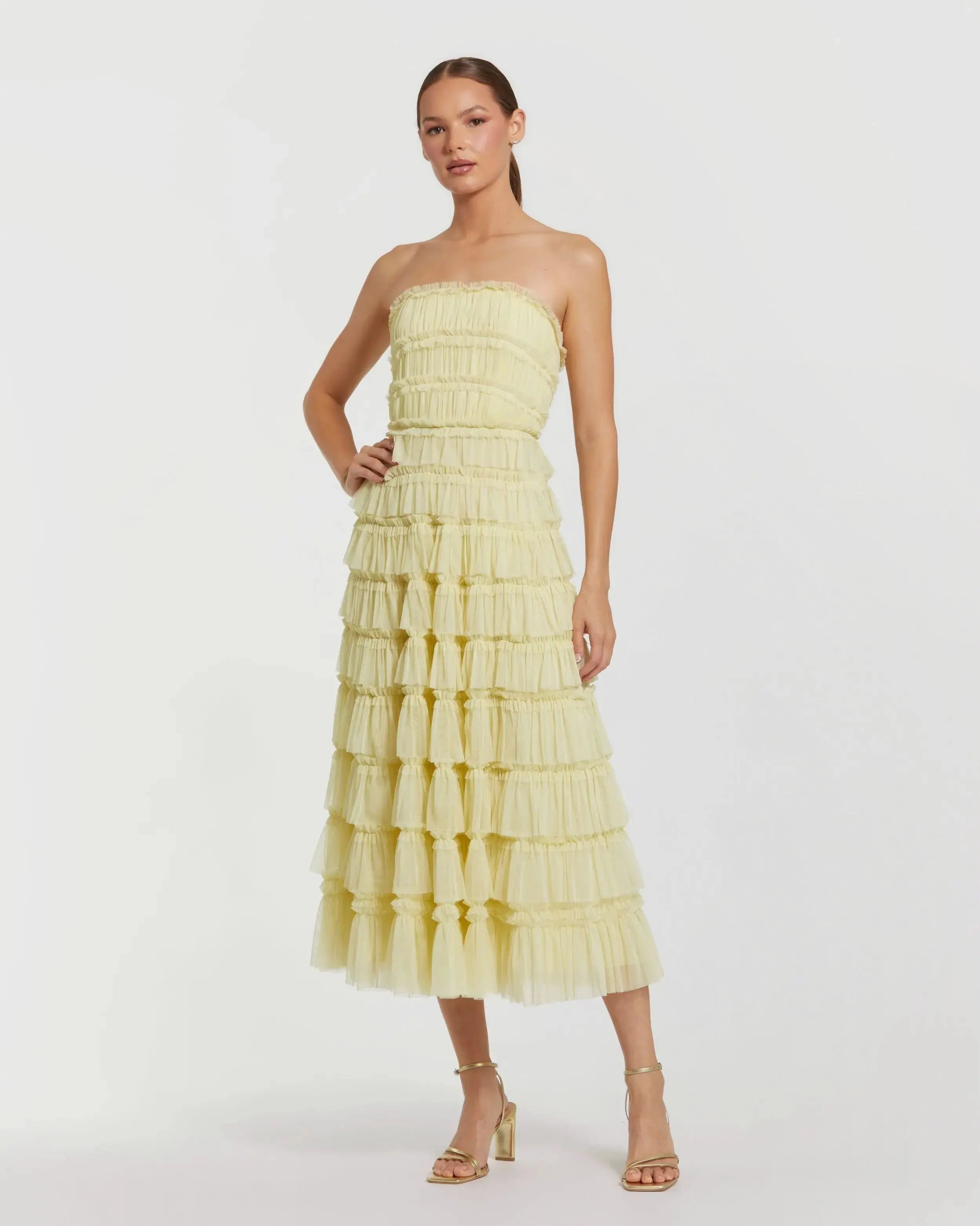 Mac Duggal 8286 Micro Ruffle Strapless Midi Dress