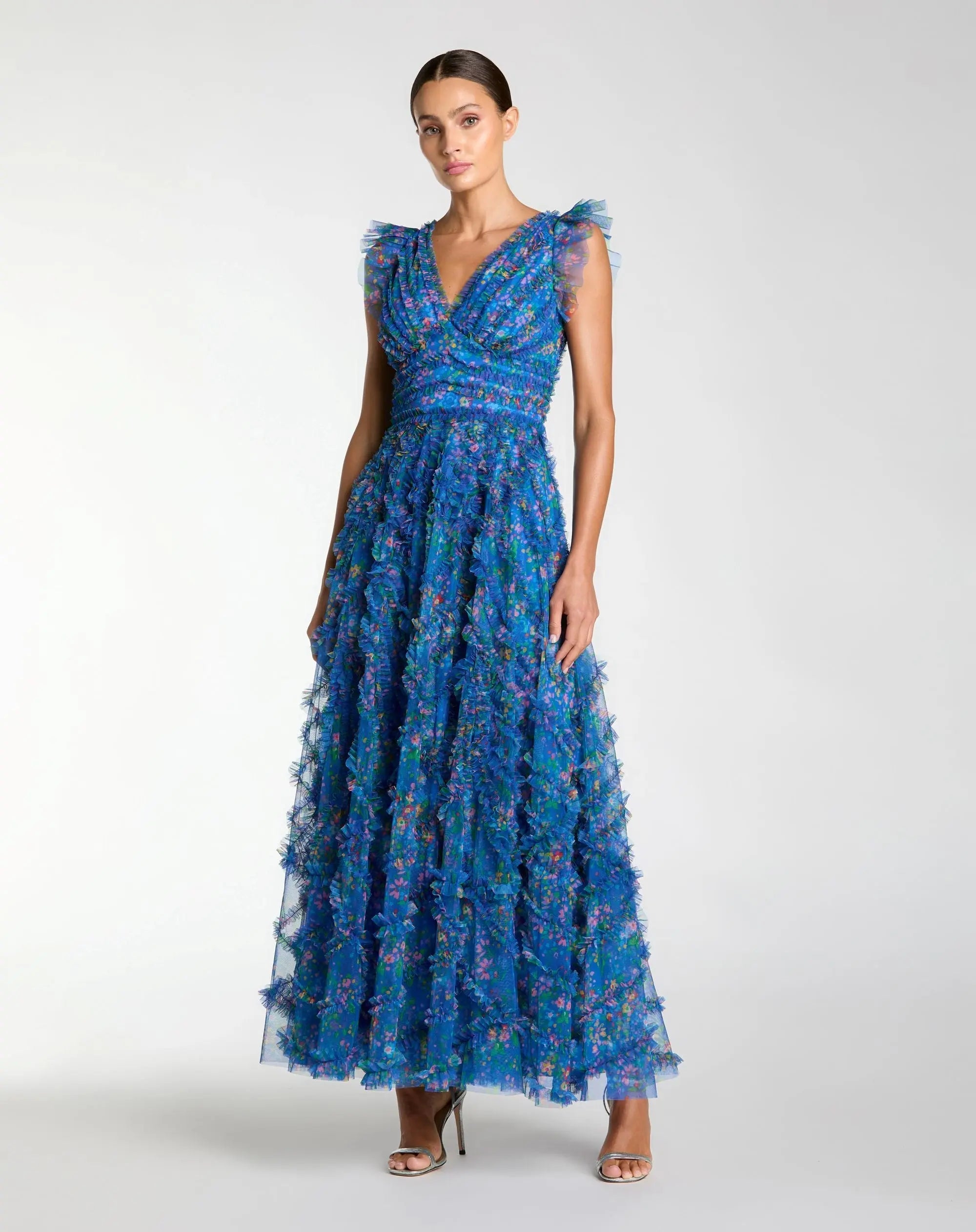 Multicolor Floral V-Neck Ruffle Maxi Dress