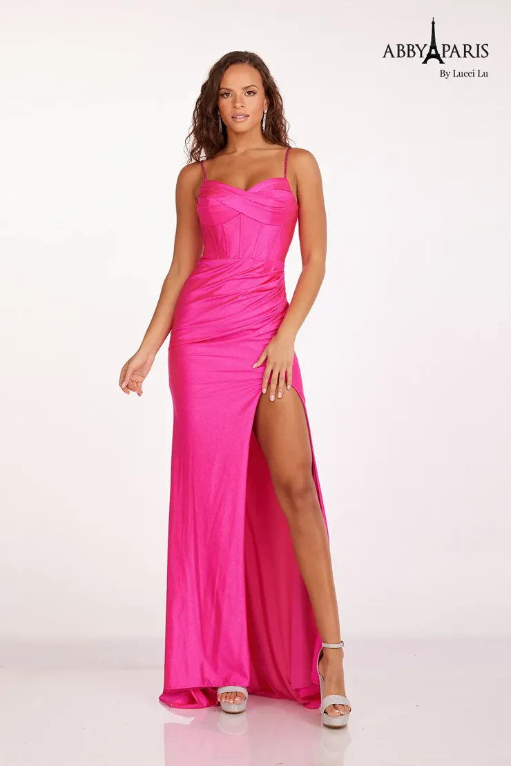 Abby Paris 90203 Glitter Knit Corset Prom Dress 2026 Fuchsia / 16