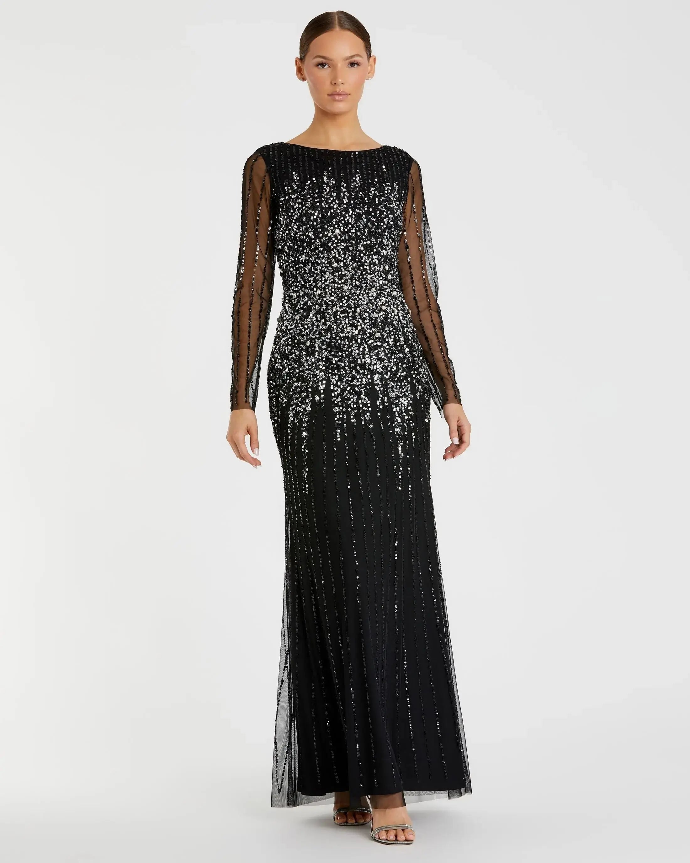 Mac Duggal 9226 Boat Neck Sequin Embellished Long Sleeve A Line Dress | FOSTANI Mac Duggal 9226 Boat Neck Sequin Embellished Long Sleeve A Line Dress | FOSTANI