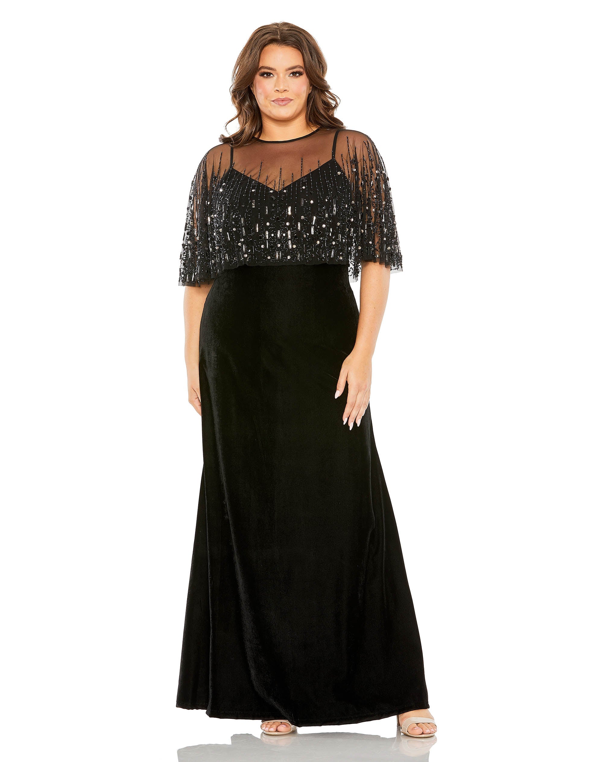 Mac Duggal Embellished Cape Velvet Gown - Black Mac Duggal Embellished Cape Velvet Gown - Black