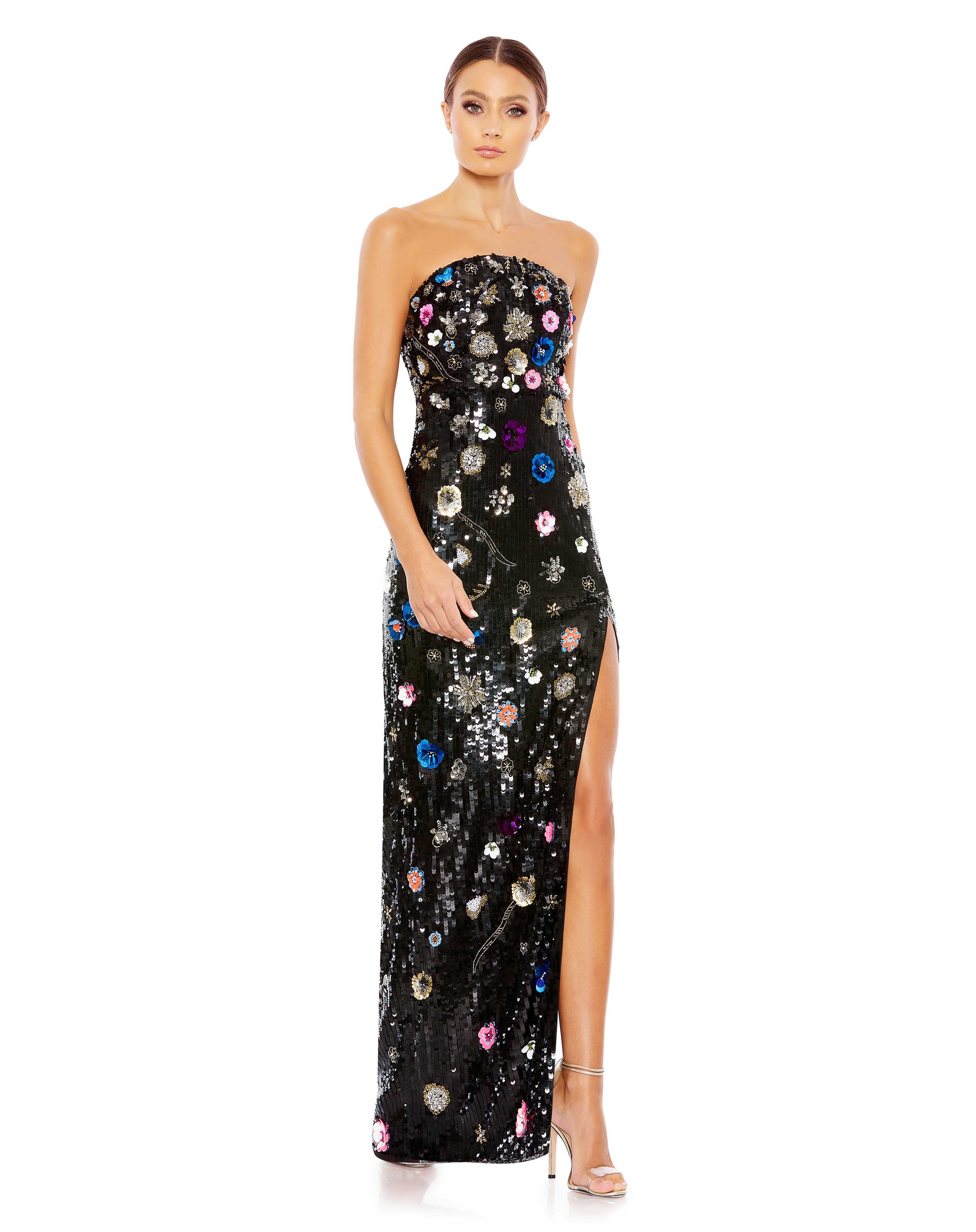Mac Duggal - Black Floral Embellished Strapless Column Gown - Black Multi / US 14 Mac Duggal 93695 Dress – FOSTANI