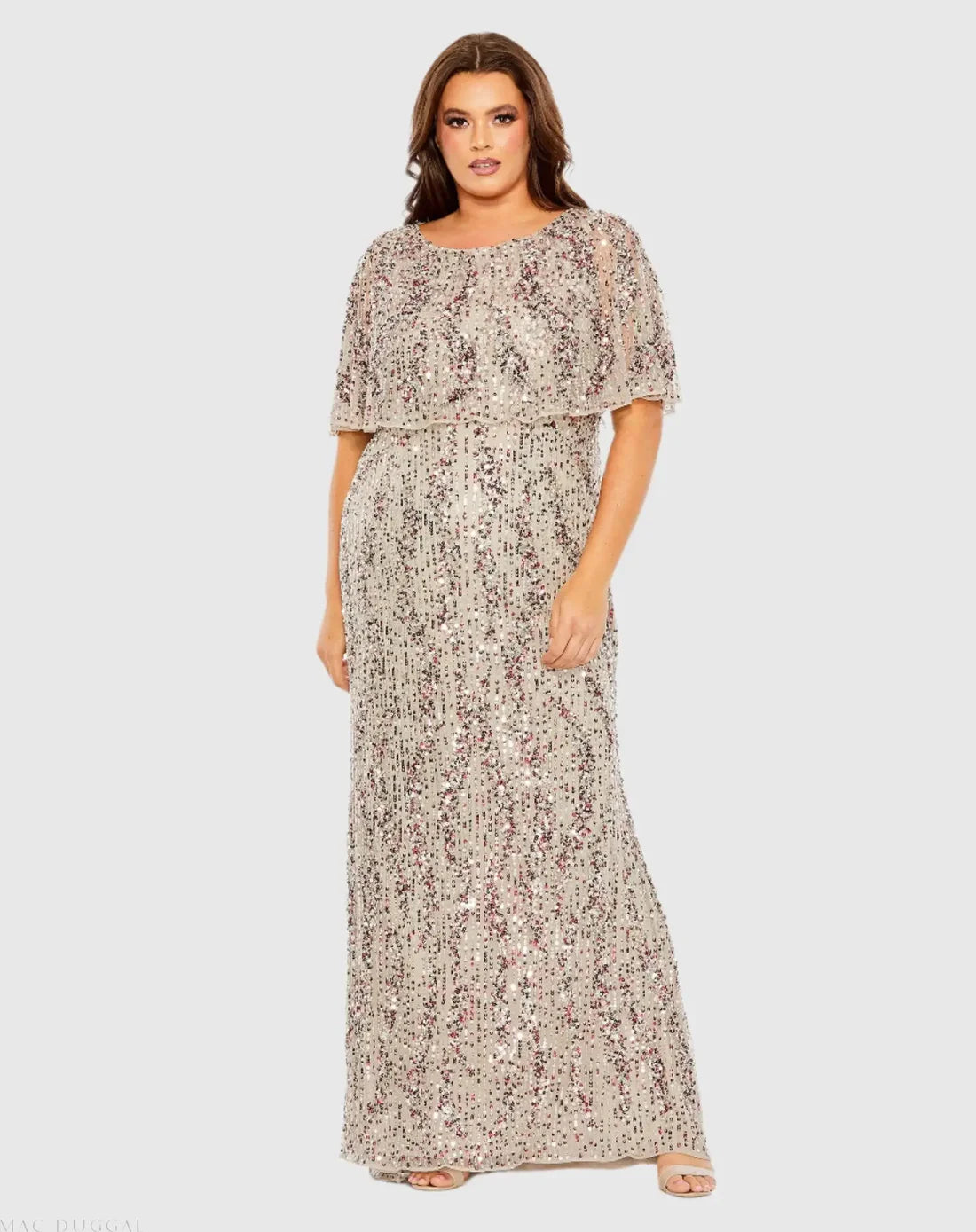 Mac Duggal Plus Cape Detail High Neck Column Gown - Taupe