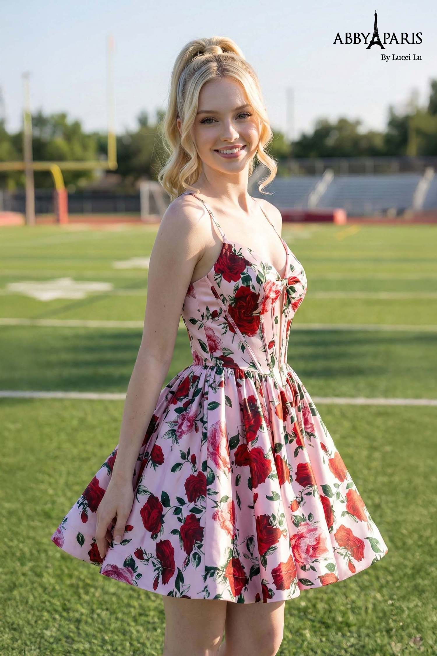 paris homecoming dress Abby 94235 Floral 7.2.24 ensuring you stand out All in favor of Color:Burgundy Rose Gold