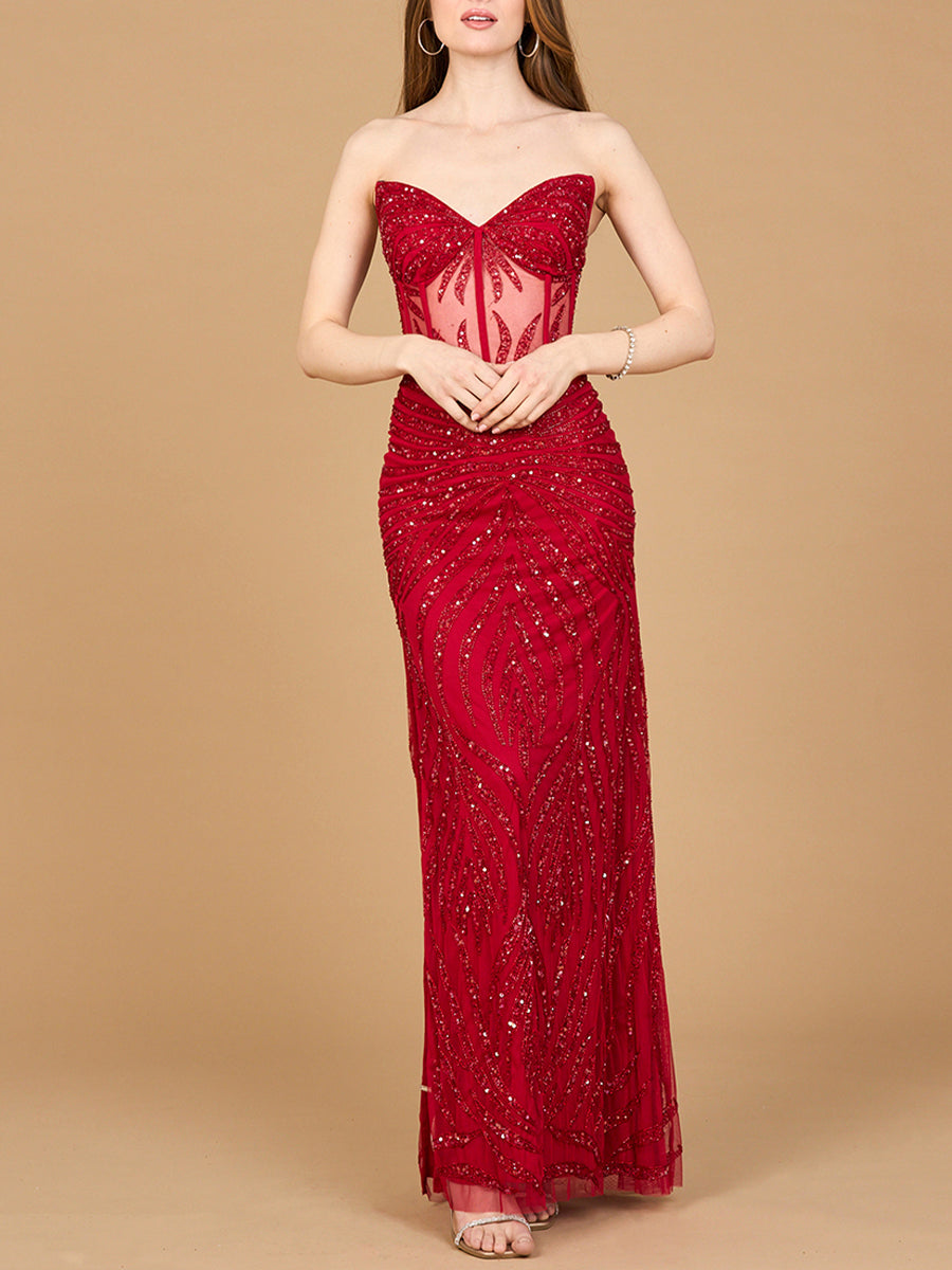 Lara Women's Beaded Corset Prom Dress with Slit - Red