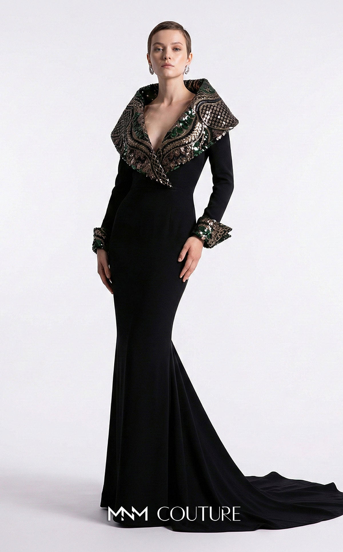 Fouad Sarkis F03019 V-Neckline Long Sleeves Mermaid Couture Dress Black / 20