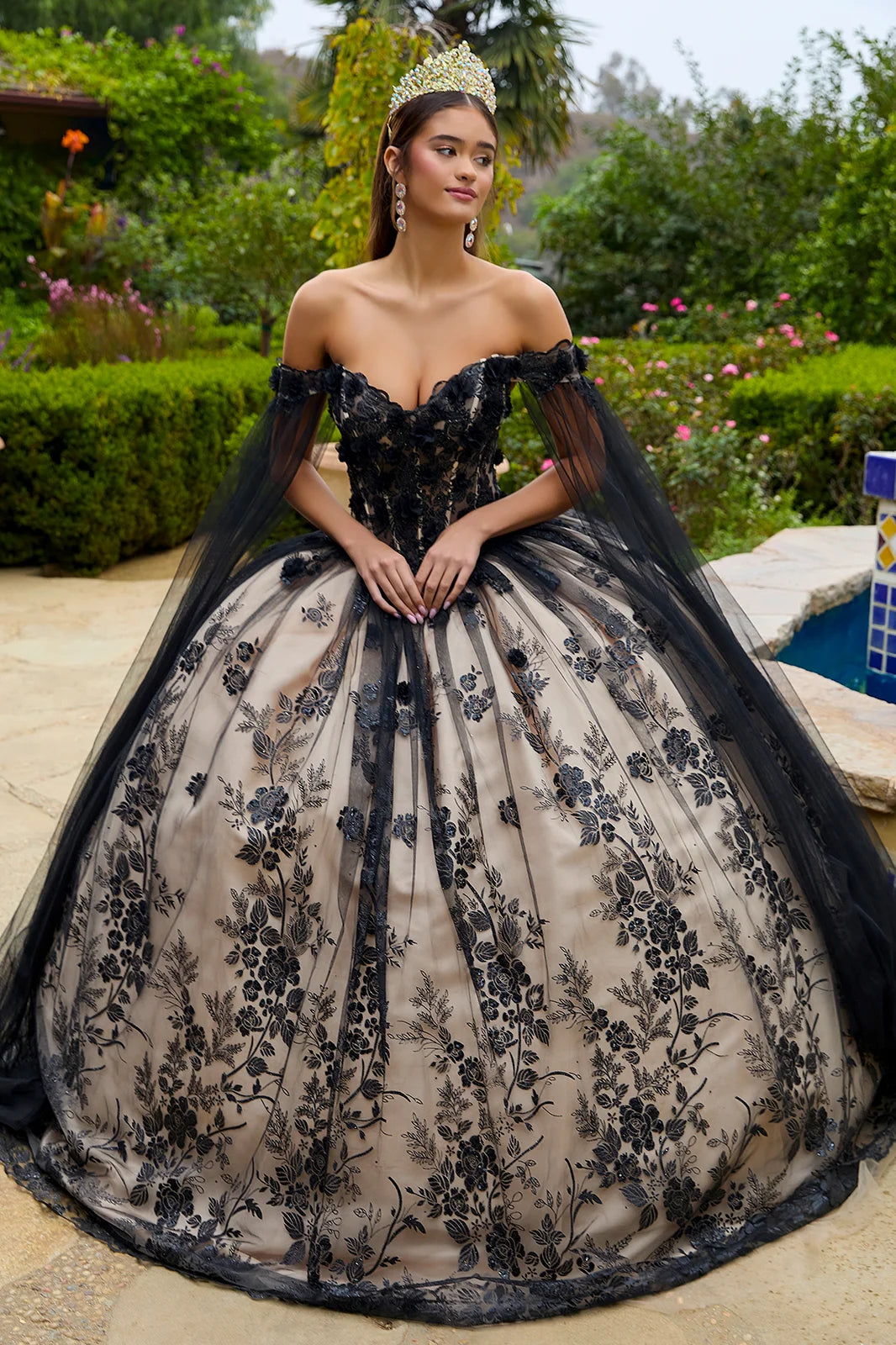 black floral quinceanera dresses Pink Floral Black Quinceanera Dress: Princesa PR30151 Black/Pink / 00