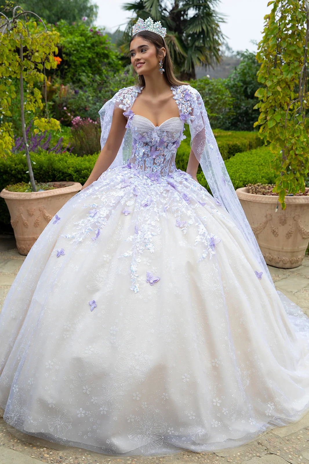 GLS Collective GL3501 Floral Glitter 3-D Butterfly Applique Quinceanera Dress Lilac/Champagne / S