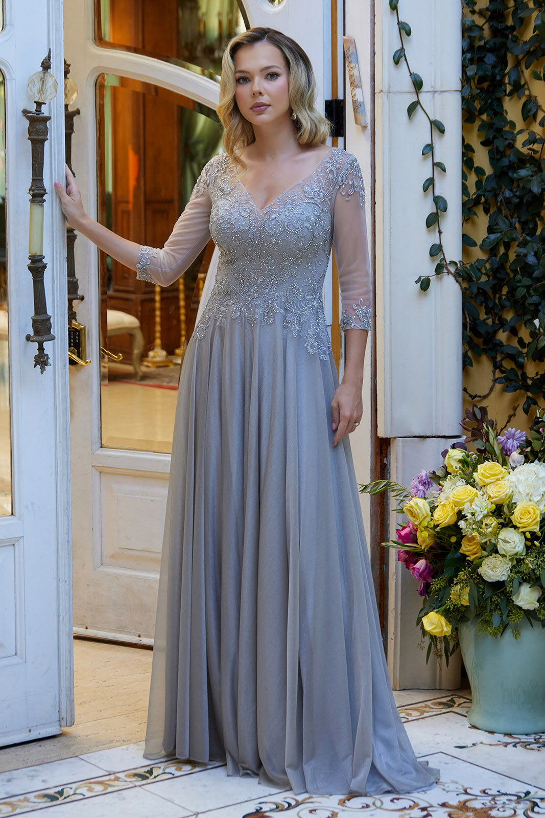 GLS GL3572 V-Neckline Long Sheer Cape Sleeves Embellished Mother of the Bride Dress Silver / XL
