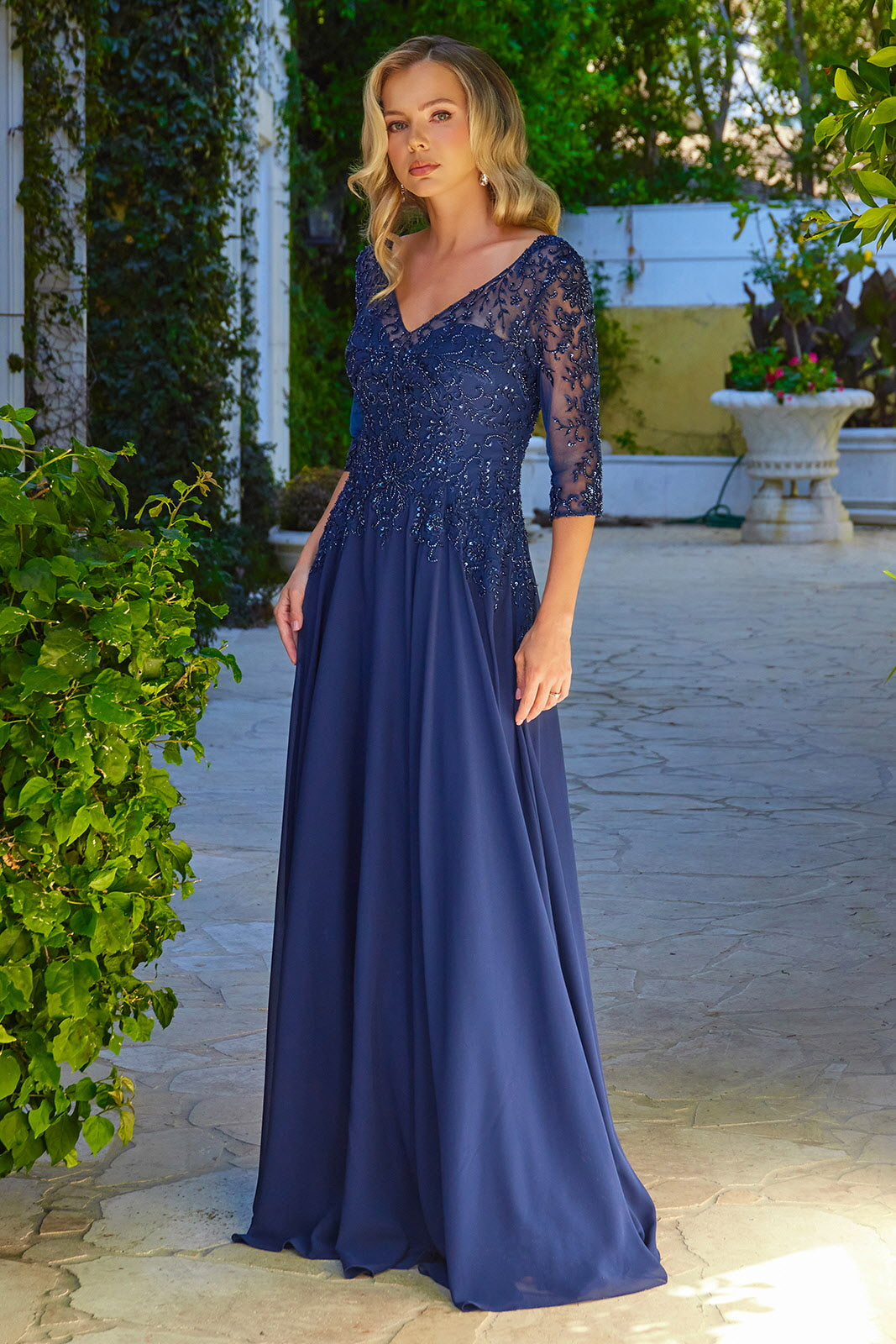 navy blue 3 4 sleeve dress GLS GL3573 V-Neck 3/4 Embroidered Mother of the Bride 38 1/8 inches (size Size:4-5 Years Blue & White Plaid KlavDillon