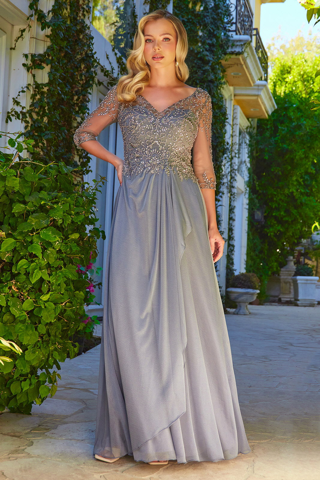 charcoal a line dress GLS GL3574 V-Neck 3/4 Sleeve A-Line Mother of the Bride Dress Charcoal / 4XL