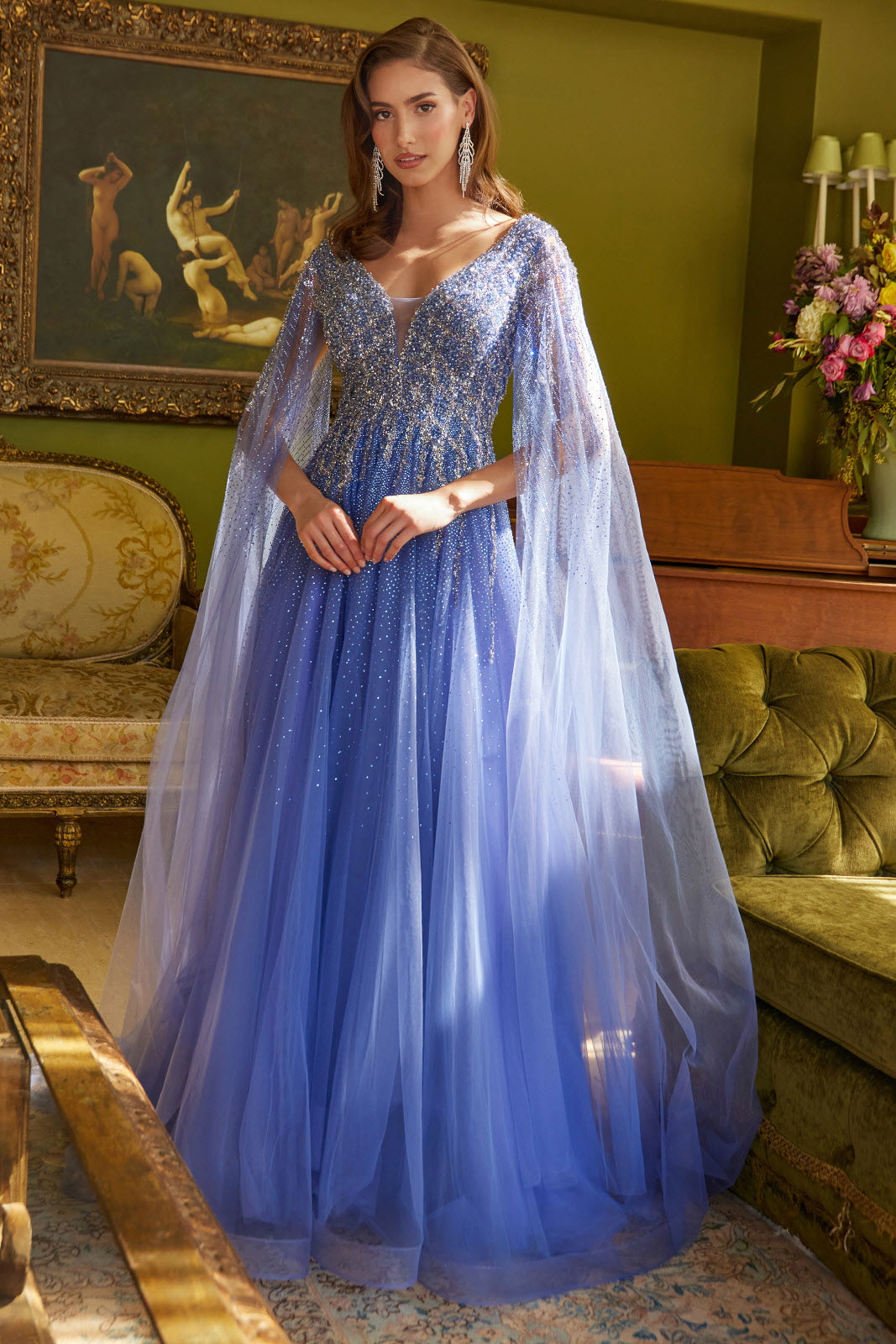 GLS GL3606 V-Neckline Cape Sleeve Layered Tulle Mother of the Bride Dress Lavender Blue / L