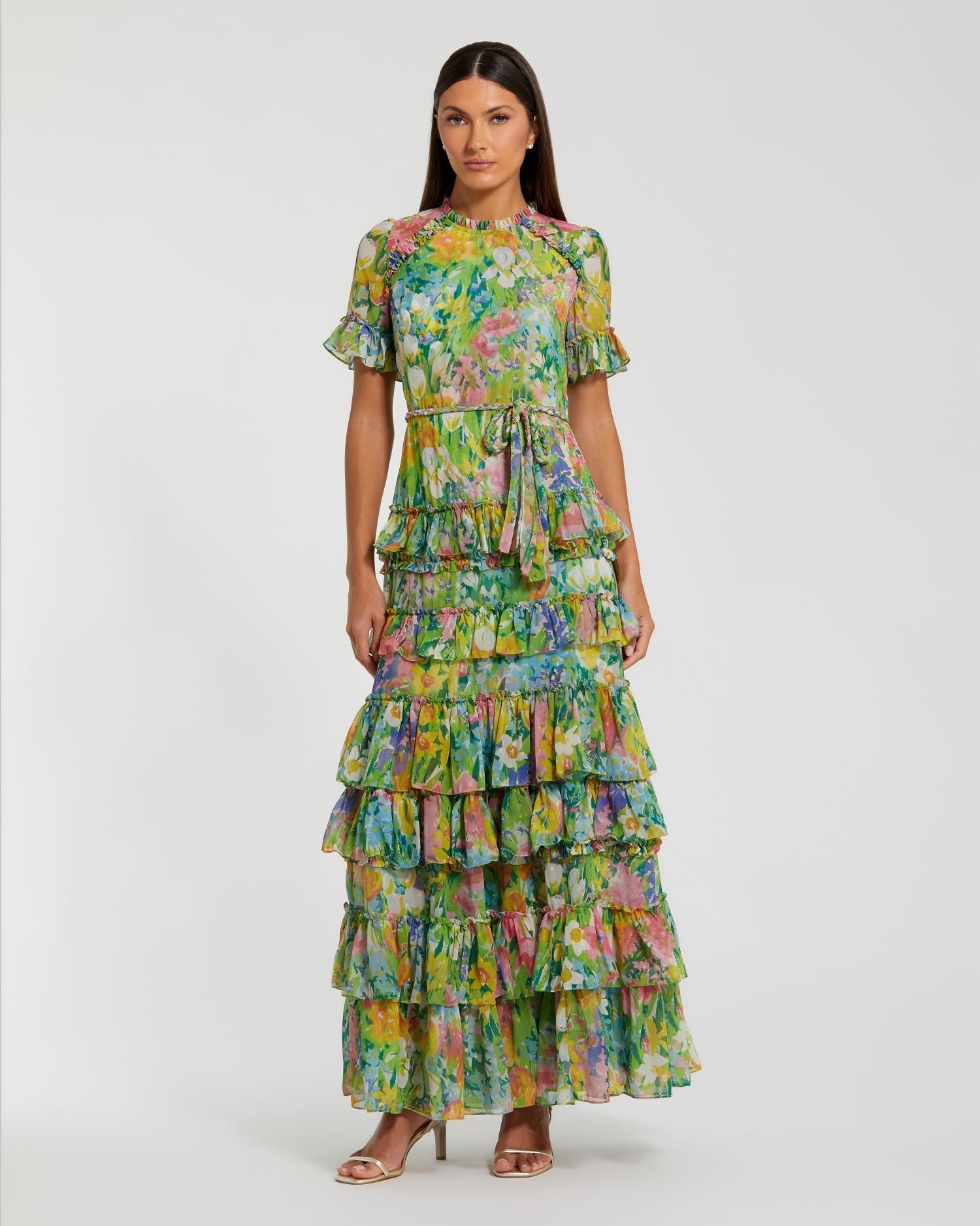 green emerald velvet dress Floral Print Ruffled Wrap Over A Line Gown main image 1