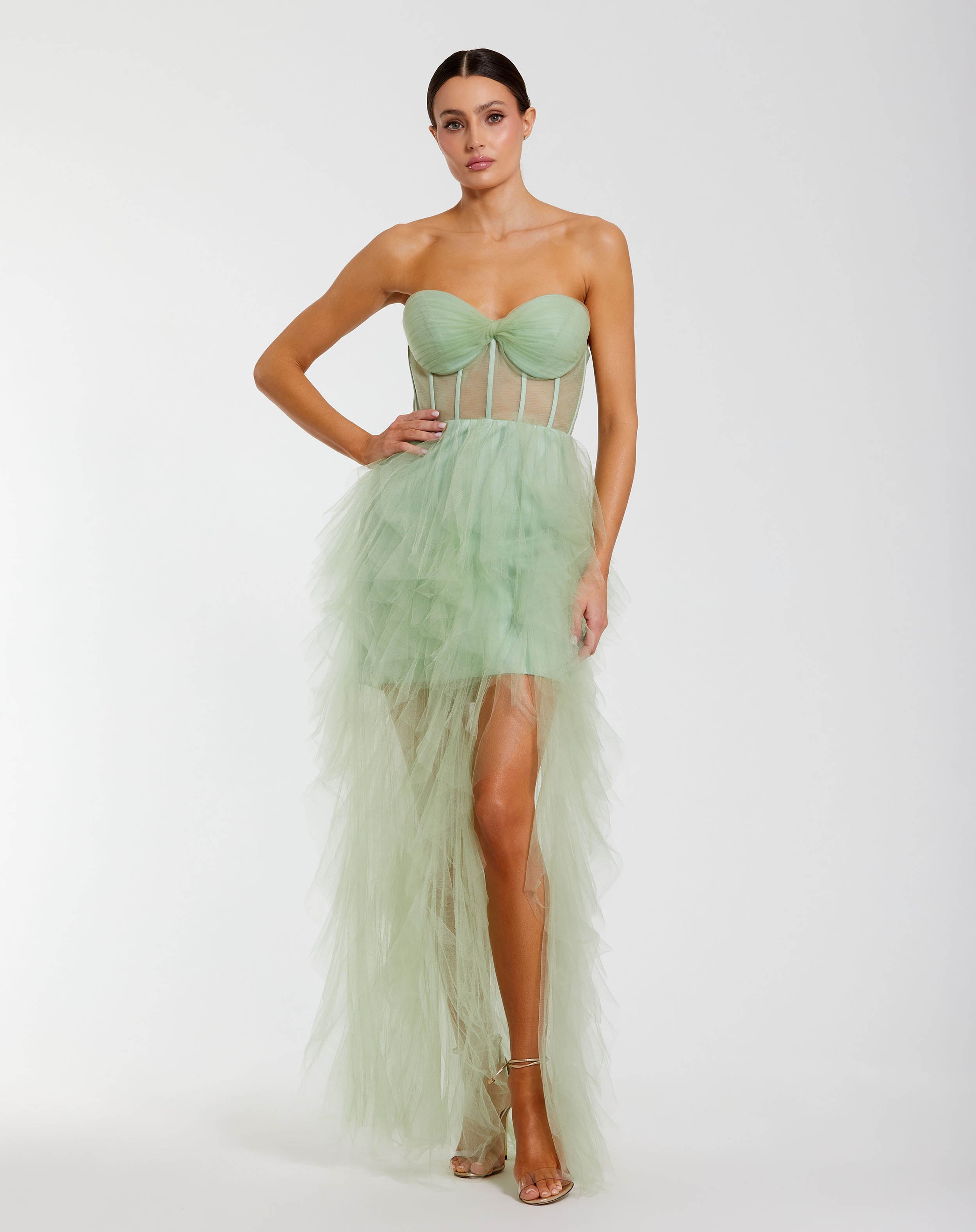 Mac Duggal Women's Strapless Corset Gown with Spiral Ruffles - Sage Mac Duggal Women's Strapless Corset Gown with Spiral Ruffles - Sage