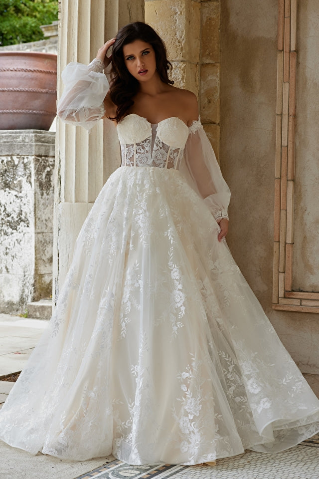 jovani ivory dress Jovani JB220004 Ivory Corset Bodice Bridal Gown with Removable Sleeves Ivory / 2