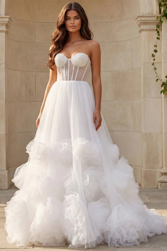 corset ruffle wedding dress Zapaka Women White Corset Ruffled A-Line Wedding Dress with Lace Sweetheart Lace-Up Back Bridal Dress, White / US2