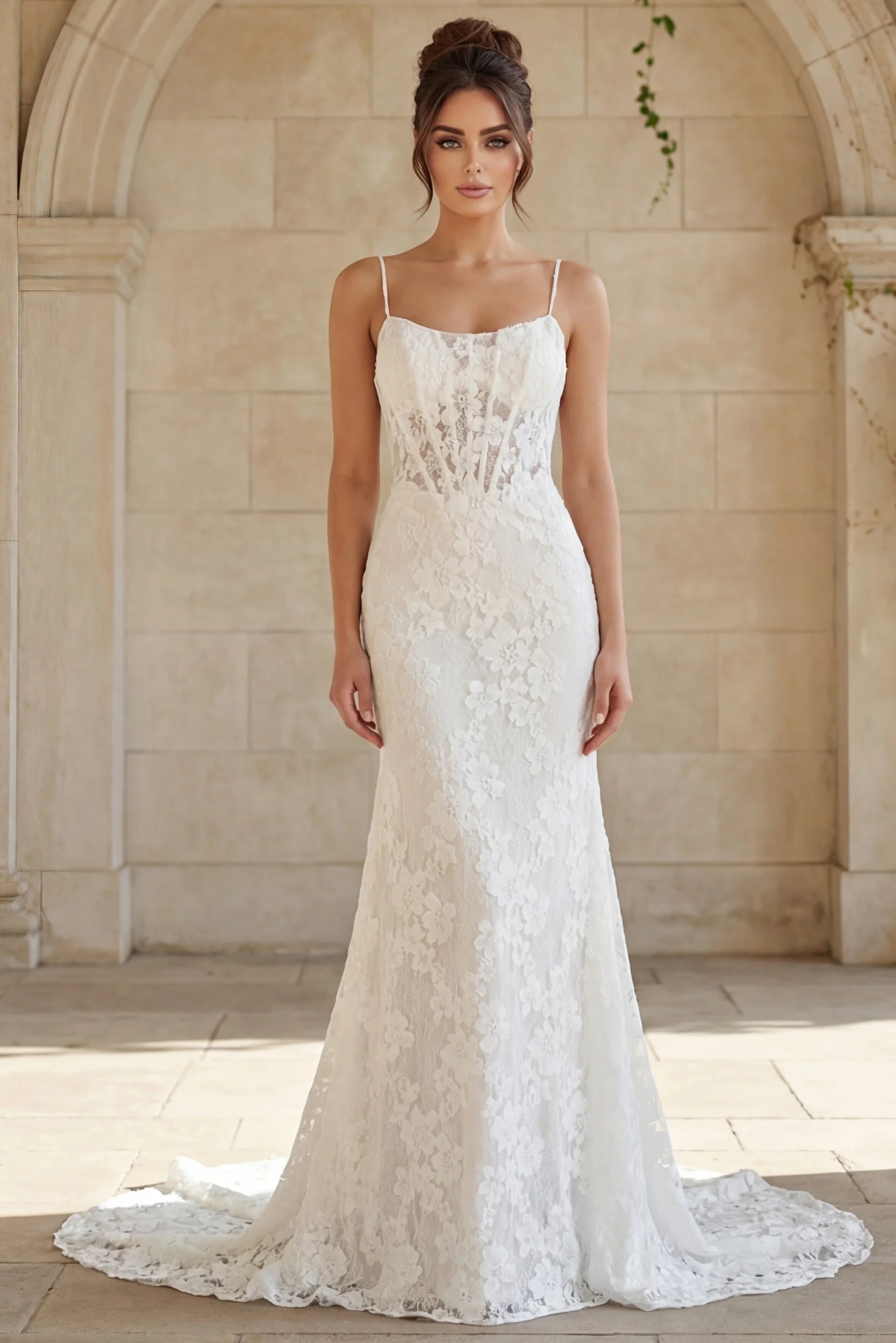 Jovani JB45719 Square Neckline Sleeveless Spaghetti Strap Corset-Style Bridal Dress OFF-WHITE / 4