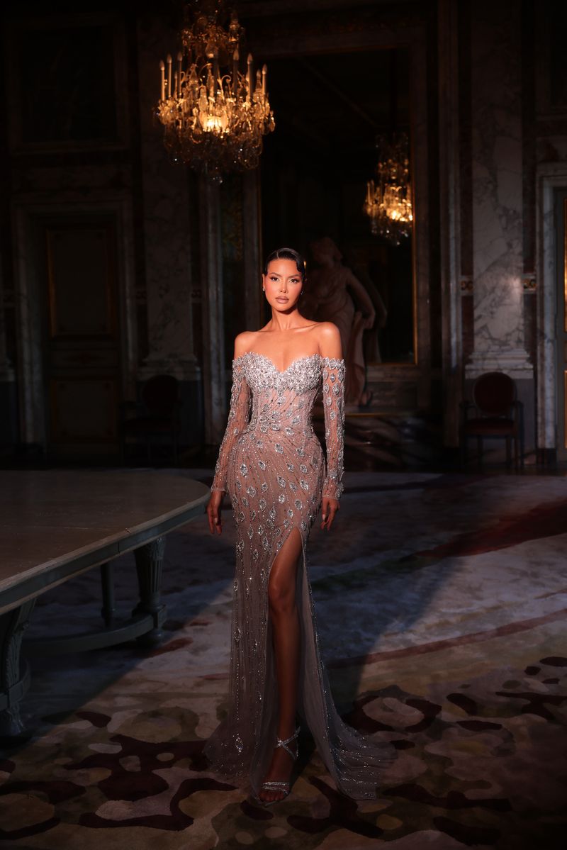 high slit night dress Chic & Holland HF110603 Off Shoulder Sweetheart Crystal Bodice Paisley Beaded Couture extreme high cut dress