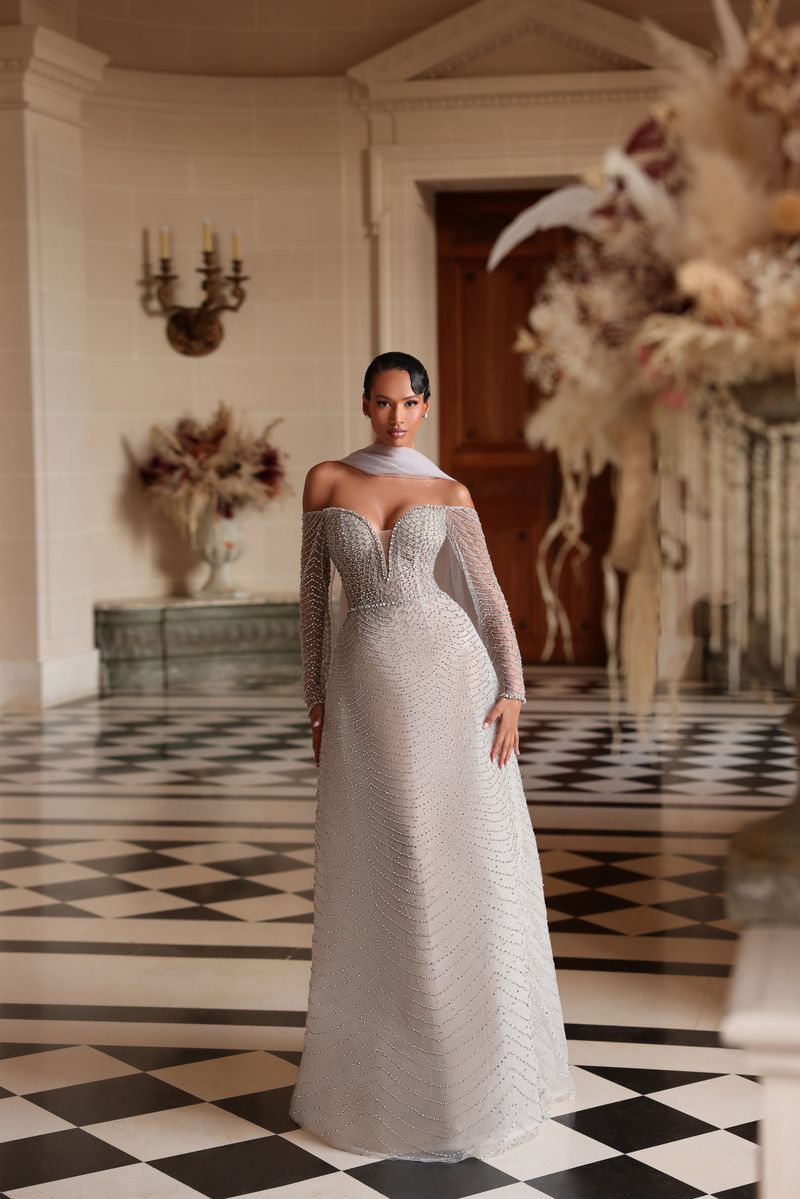 Chic & Holland HF110614 Off Shoulder Sweetheart Plunging Neckline Beaded A Line Matching Scarf Couture Dress ULTRA SILVER / 18