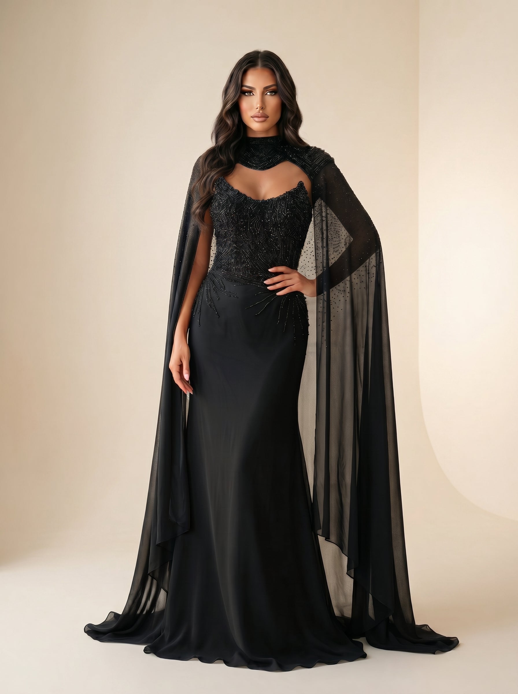 Modessa Couture MO26705 High Neck Sheer Cape Sleeves Structured Bodice Dress Black / 18