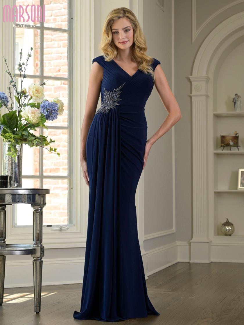Cap-Sleeve V-Neck Long Formal Dress with Side Sash Navy / 6 Cap-Sleeve V-Neck Long Formal Dress with Side Sash Navy / 6