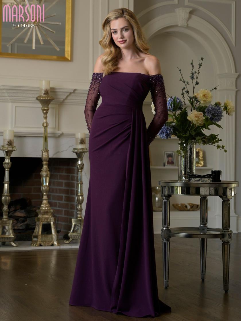 off the shoulder long sleeve mother of the bride dress Marsoni M344 Beaded A Line Long Formal Evening Dress