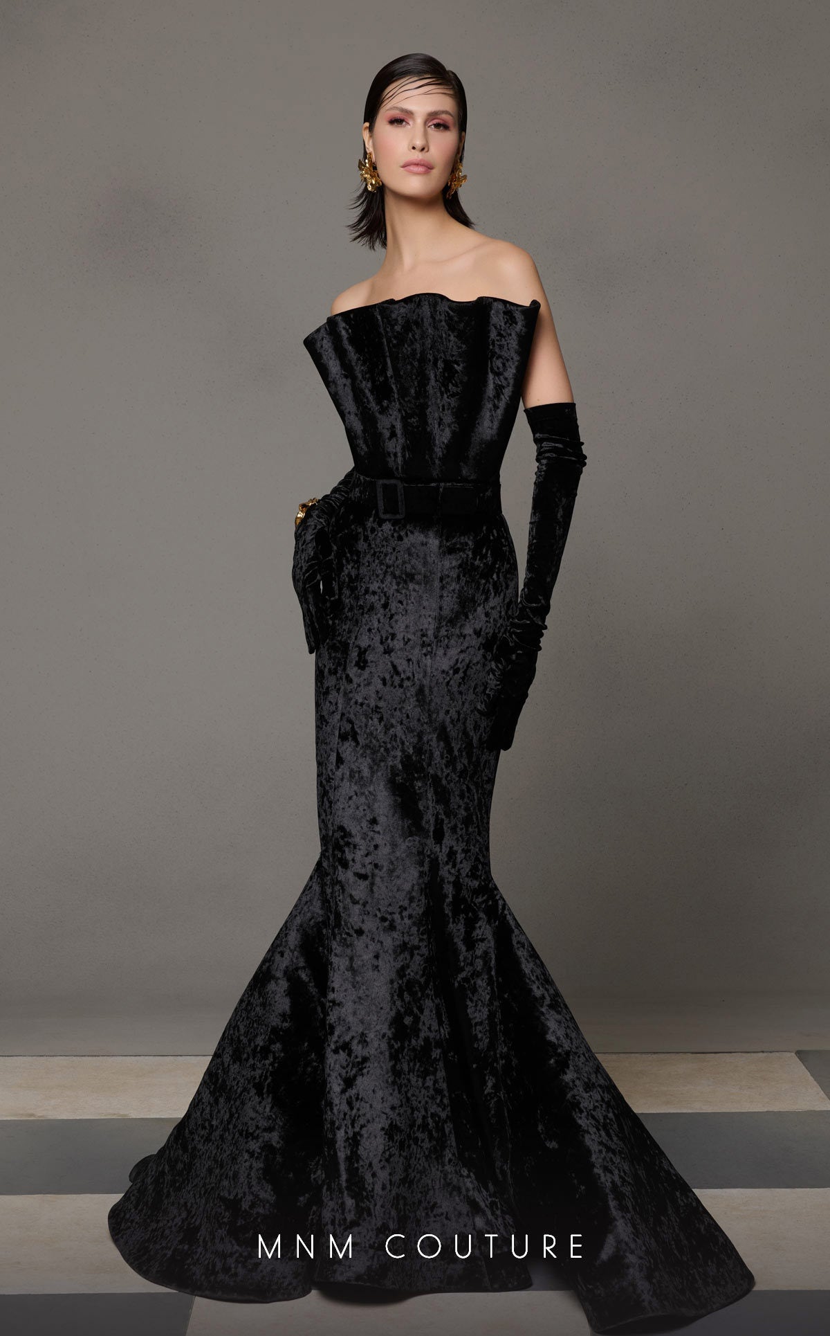 jaime feather trim velvet mermaid dress MNM Couture N0631 Prom Dress - Black