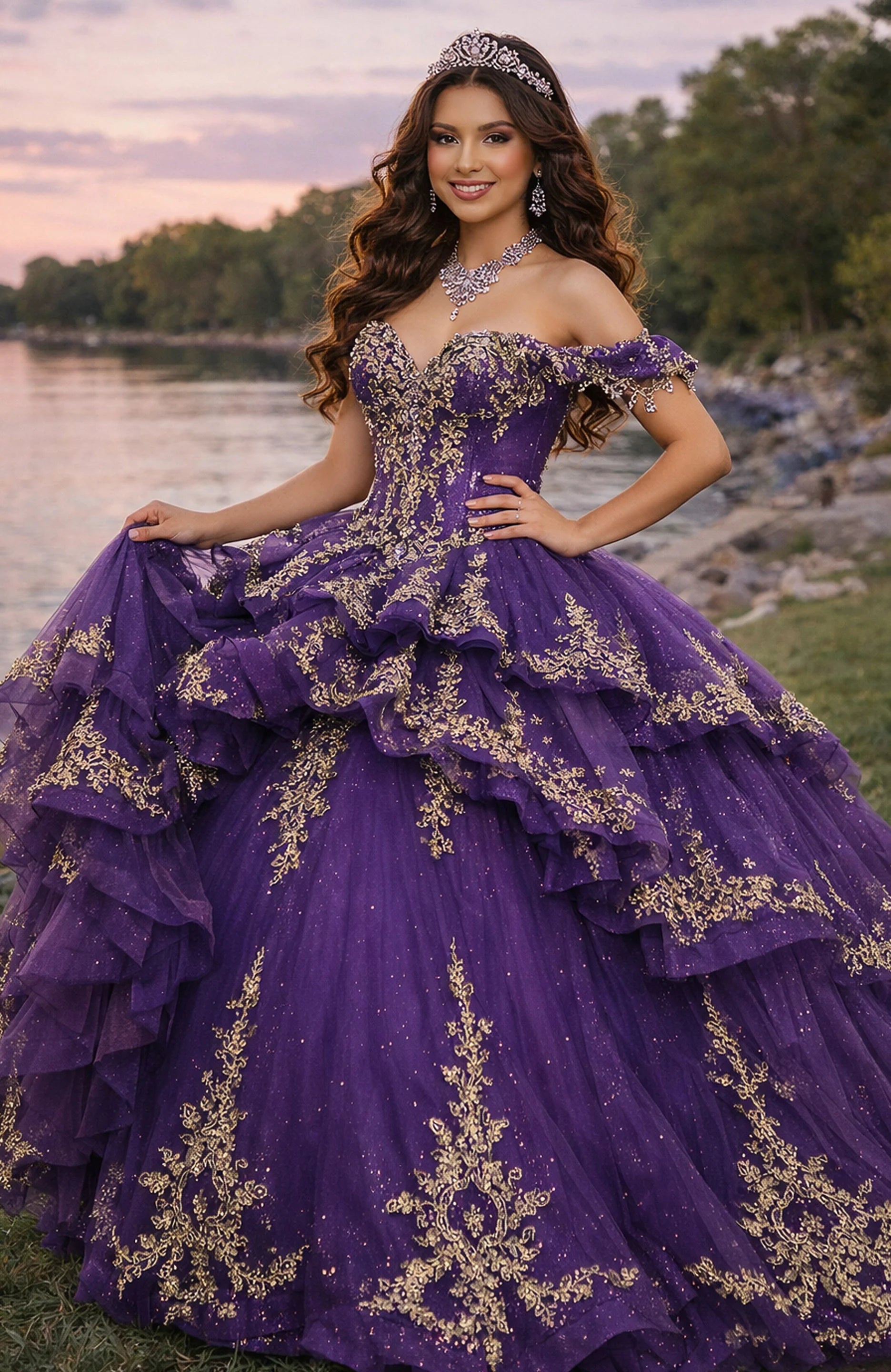 Jovani Q48439 Off-Shoulder Gold Embroidery Structured Quinceañera Dress WINE/GOLD / 4