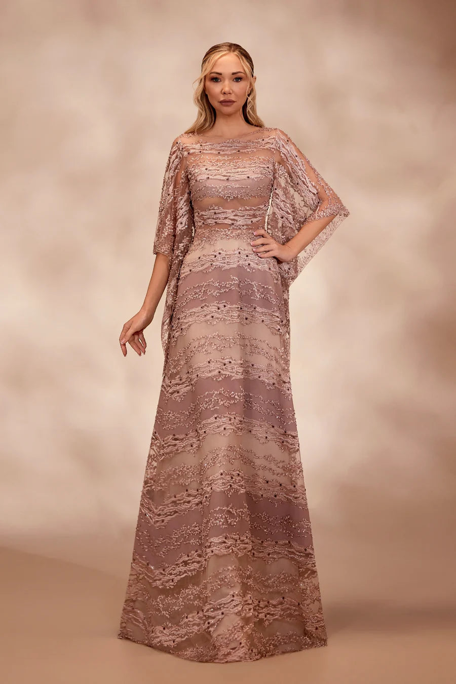 Reverie Couture RTW2 Nude dress with a plunging V-neckline with multicolor beading | FOSTANI Reverie Couture RTW2 Nude dress with a plunging V-neckline with multicolor beading | FOSTANI