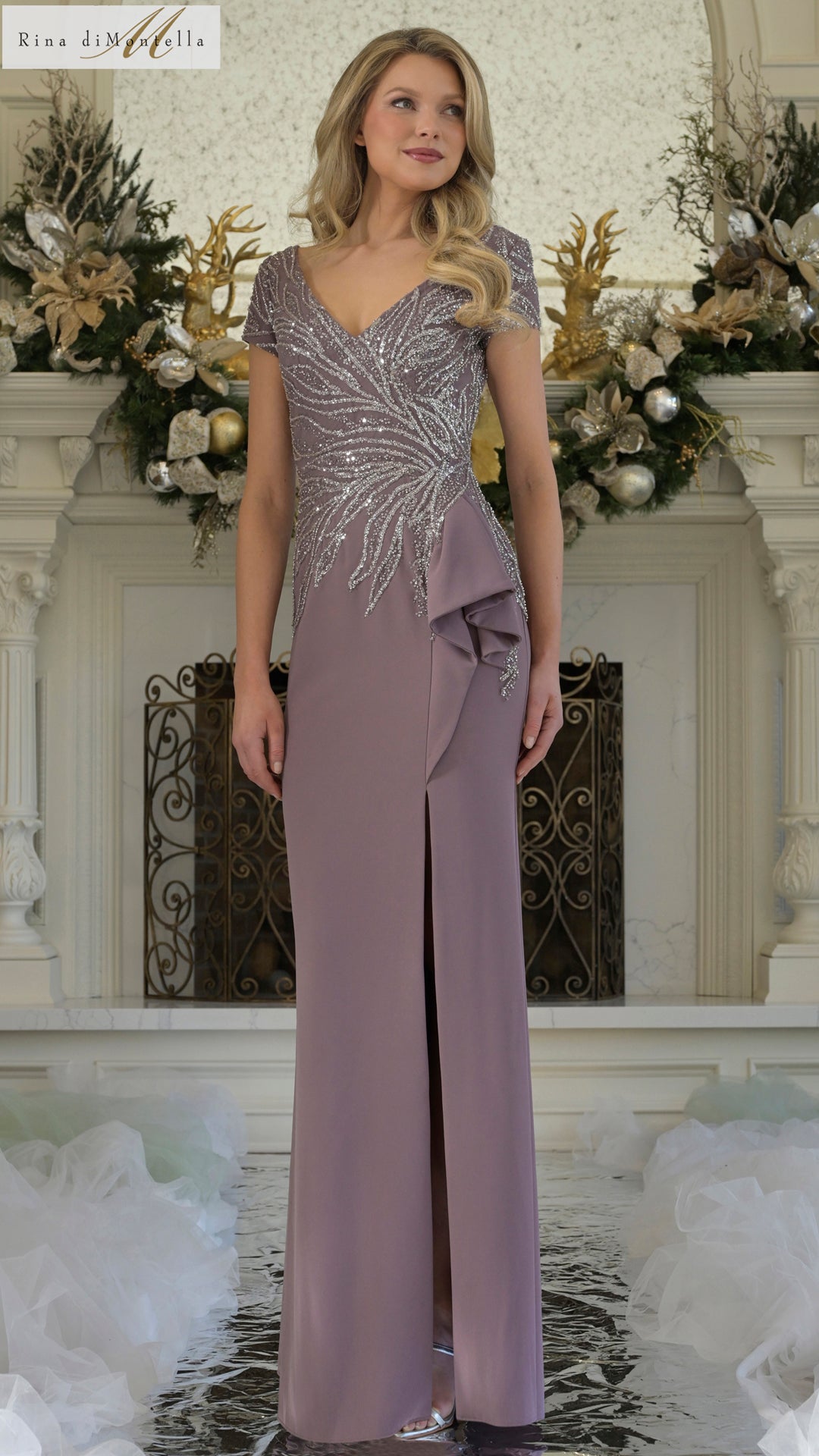 Rose de muse dress Riu Rちゃん リウ Rina Di Montella RD3323 V-Neck Cap Sleeve Embellished Bodice
