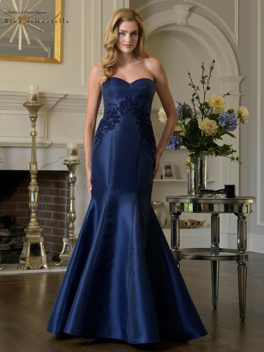 sweetheart neckline formal dress Rina Di Montella RD3420 Strapless Sweetheart Neckline Sleeveless Structured Mother of the Bride Dress NAVY / 14