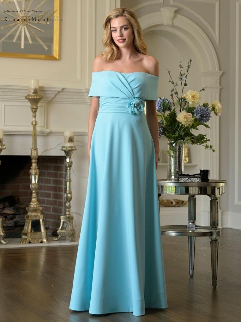 teal mother of the bride dress Rina Di Montella RD3423 Off-Shoulder Neckline & Sleeves Zipper Back Mother of the Bride Dress 10 / TEAL