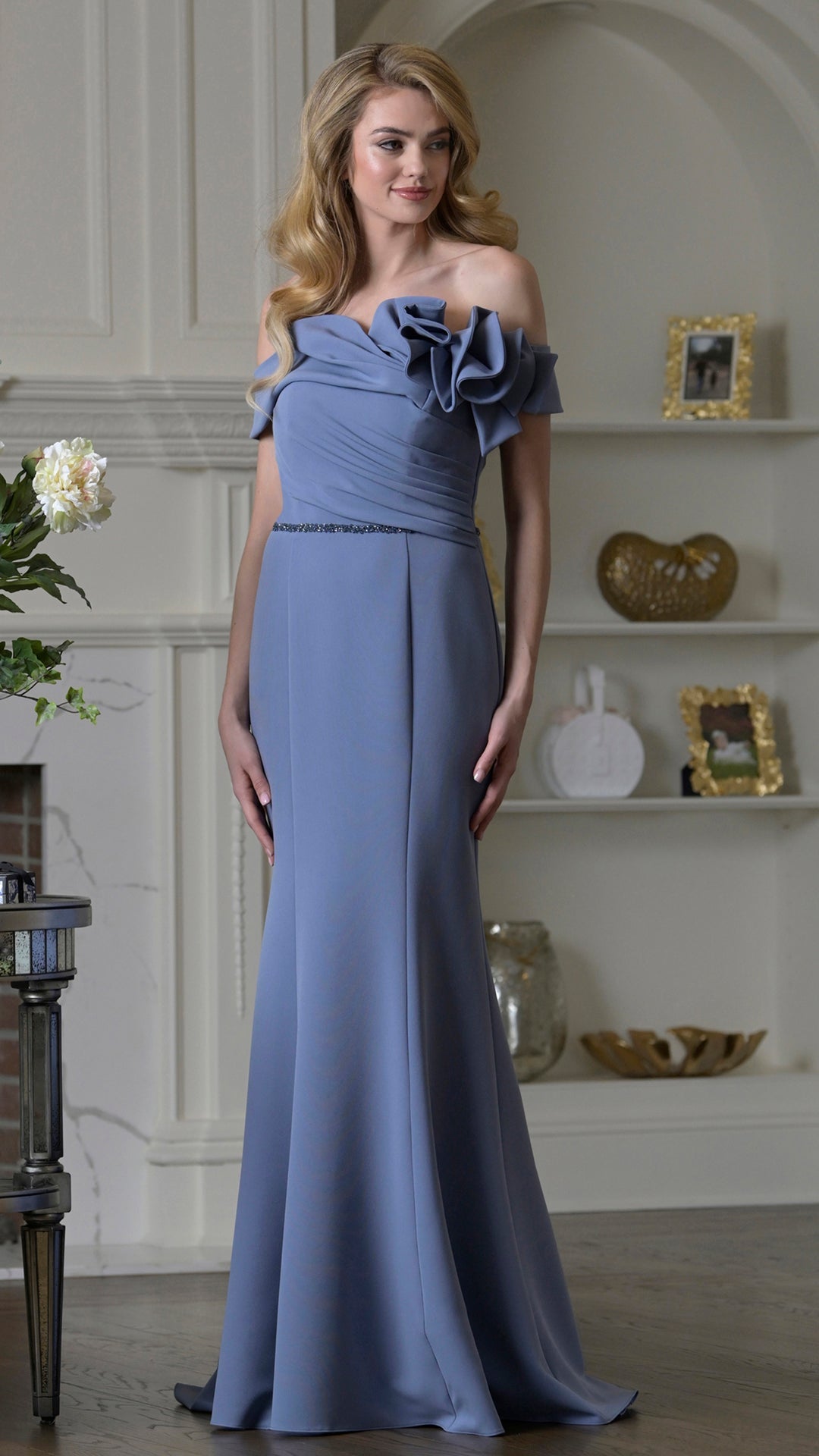mermaid dress for mother of the bride Rina Di Montella RD3507 Off-the-Shoulder Cap Sleeve DEEP BLUE / 8 New / 1 Red & White Picnic neckline Mermaid Gown by Color:SageGreen