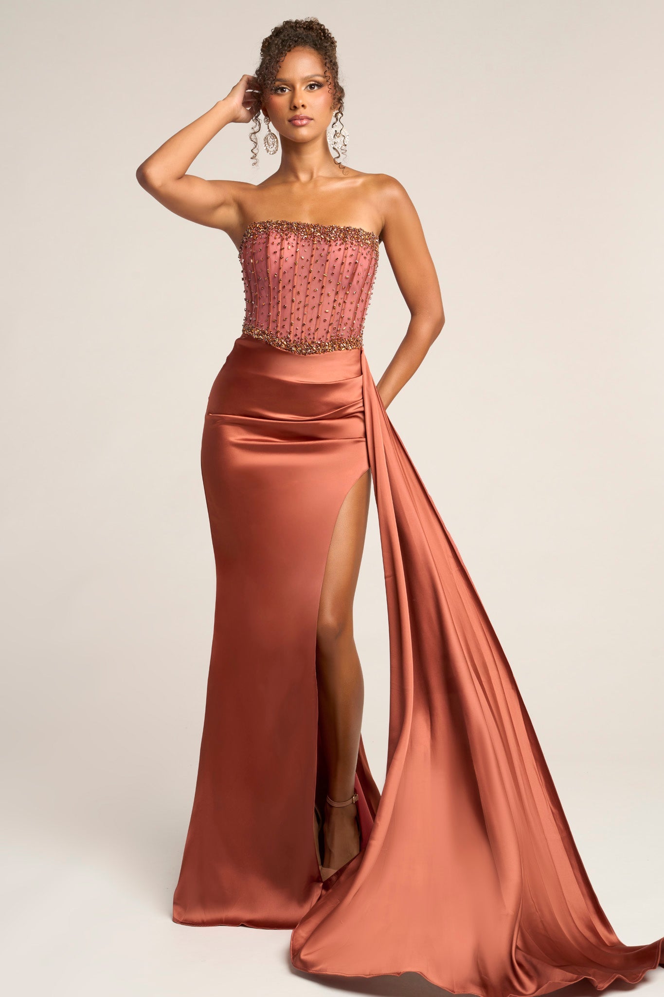 bronze satin prom dress Bronze silk satin maxi dress for women V-neck long sleeve party wedding guest