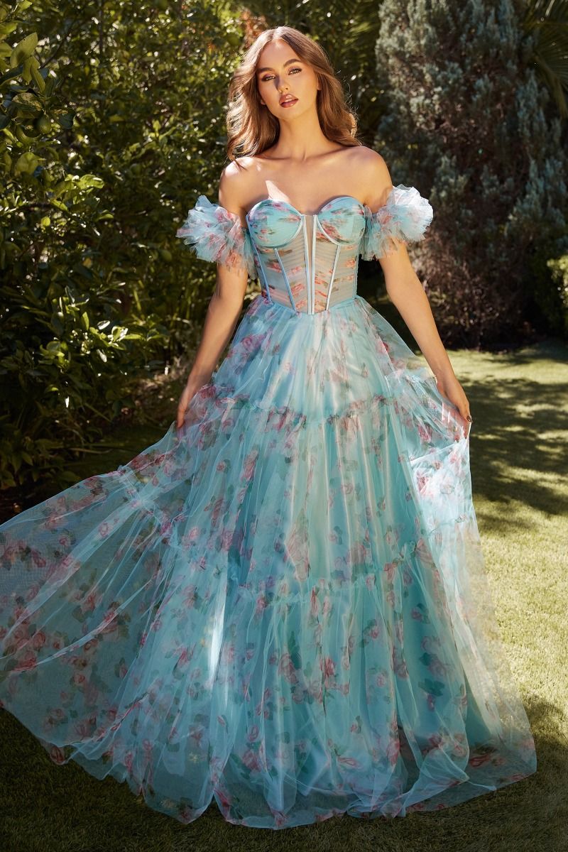 Andrea & Leo A1285 Off The Shoulder Floral Dress 2 / LightBlue